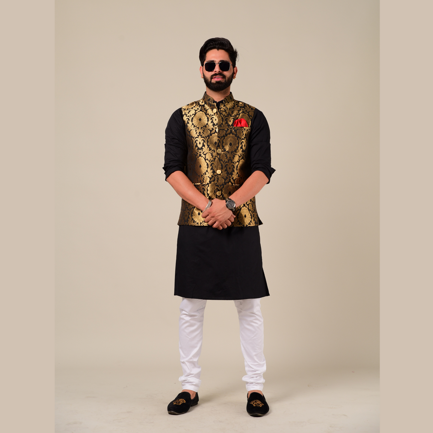 Punjabi Style Black Kurta Pajama with Black Golden Nehru Jacket Set