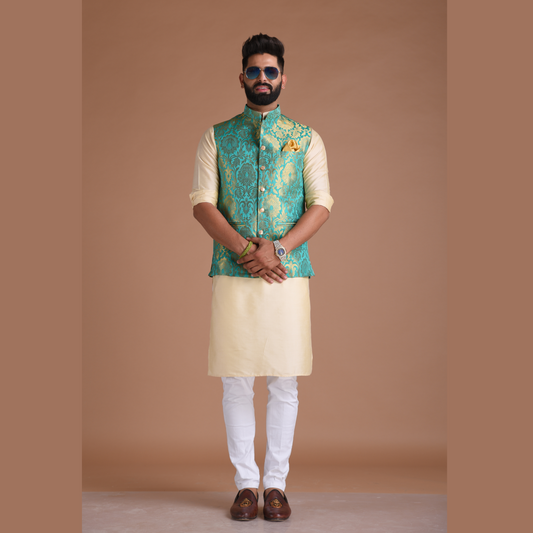 Sea Green Kim-Khab Half Jodhpuri Jacket With Kurta Pajama Set