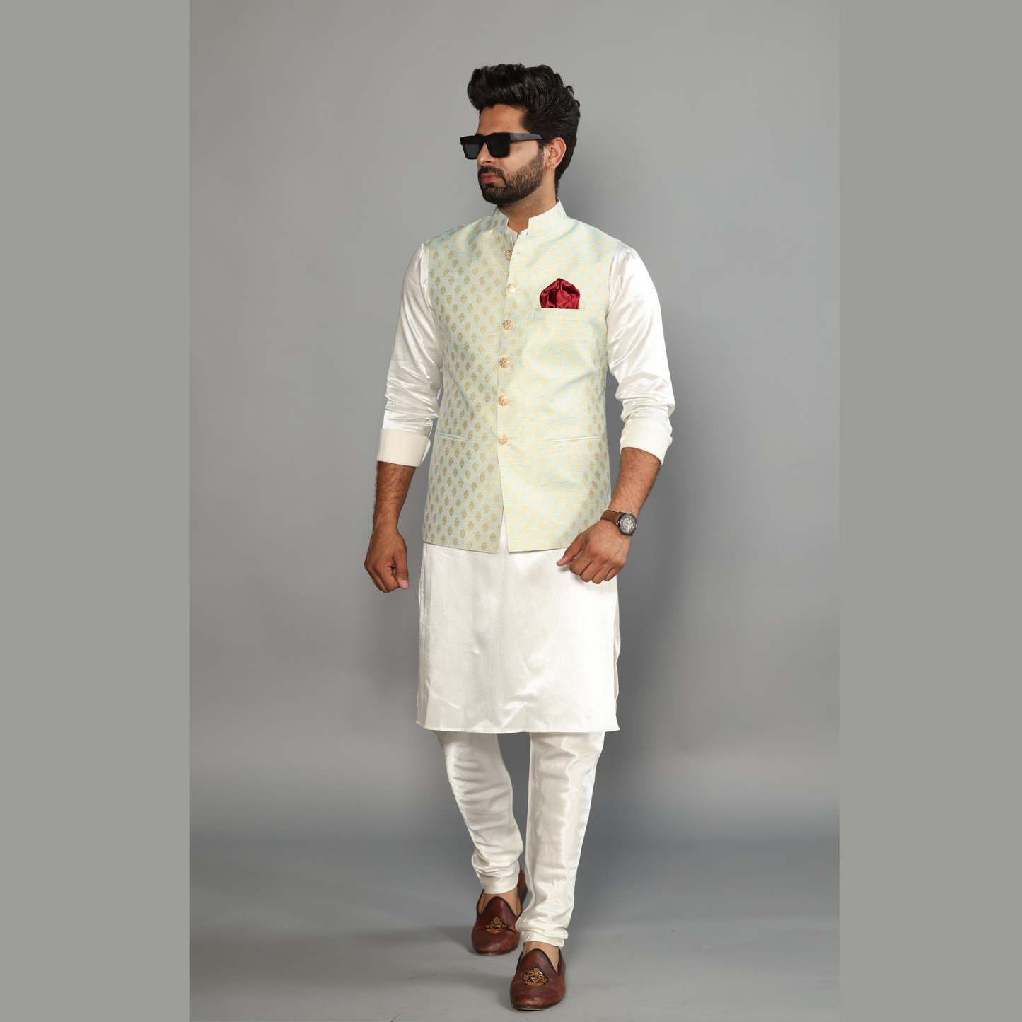 Tea Green Brocade Booti Pattern Nehru Jacket With Off White Silk Kurta Payjama-Handcrafted