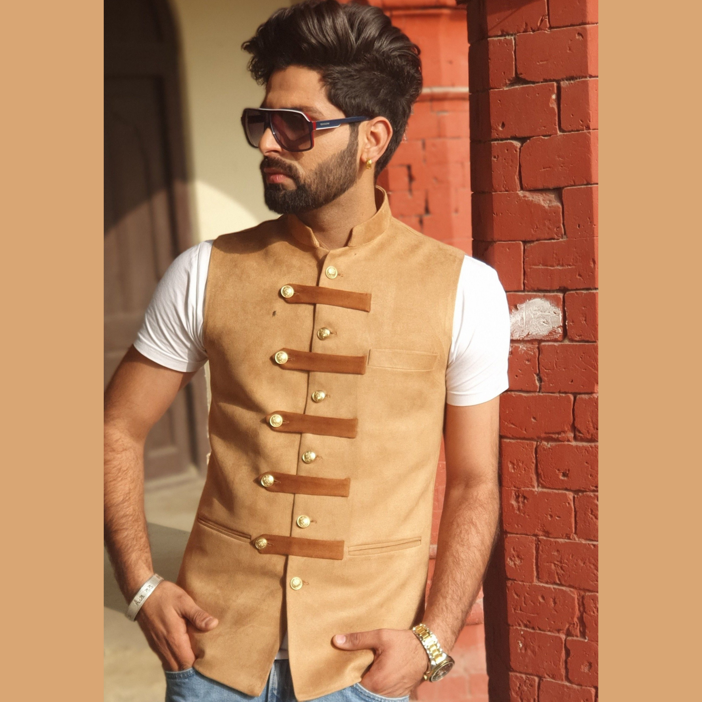 Wheat Brown Cross-Breasted Suede Leather Half Jacket