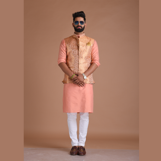 Exclusive Pastel Orange Floral Pattern Nehru Jacket With Silk Kurta Pajama Set