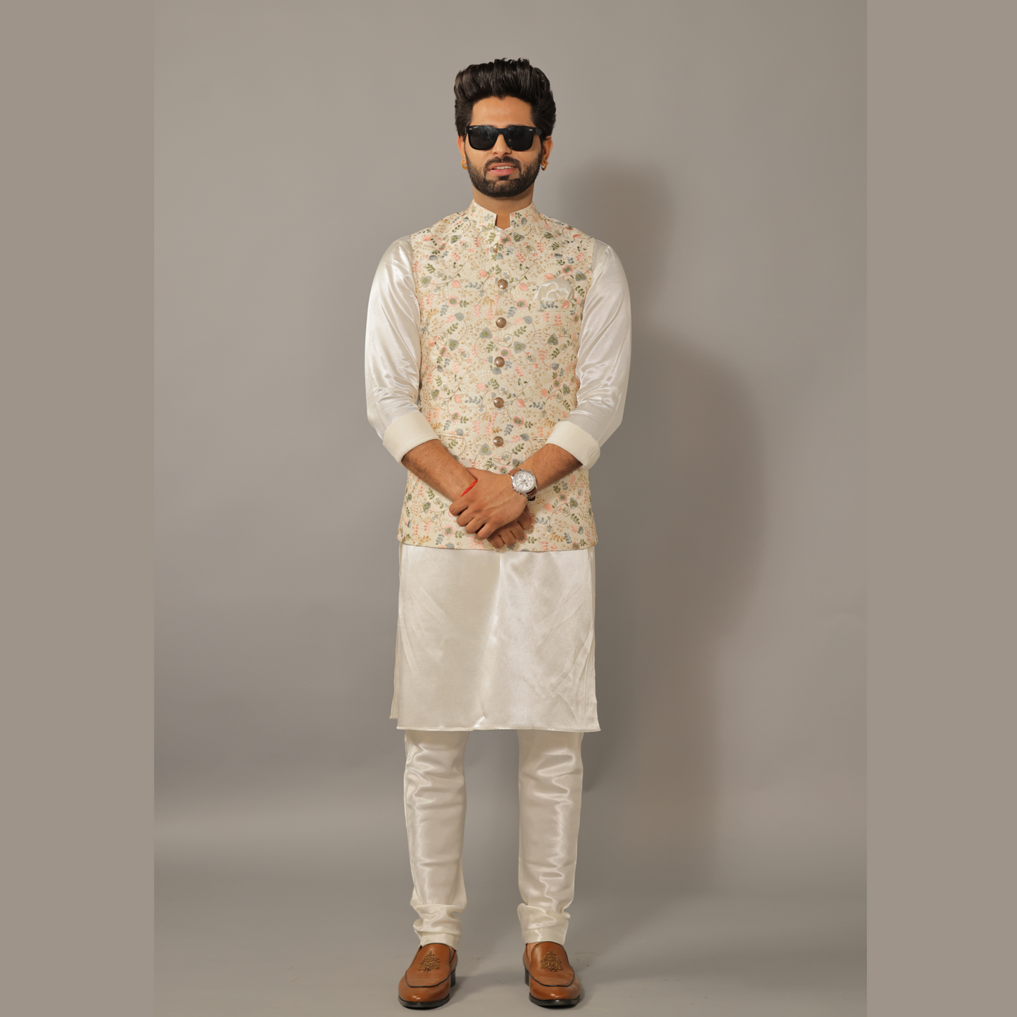 Alluring Multi Color Hand Embroidered Nehru Jacket with Off White Kurta pajama Set