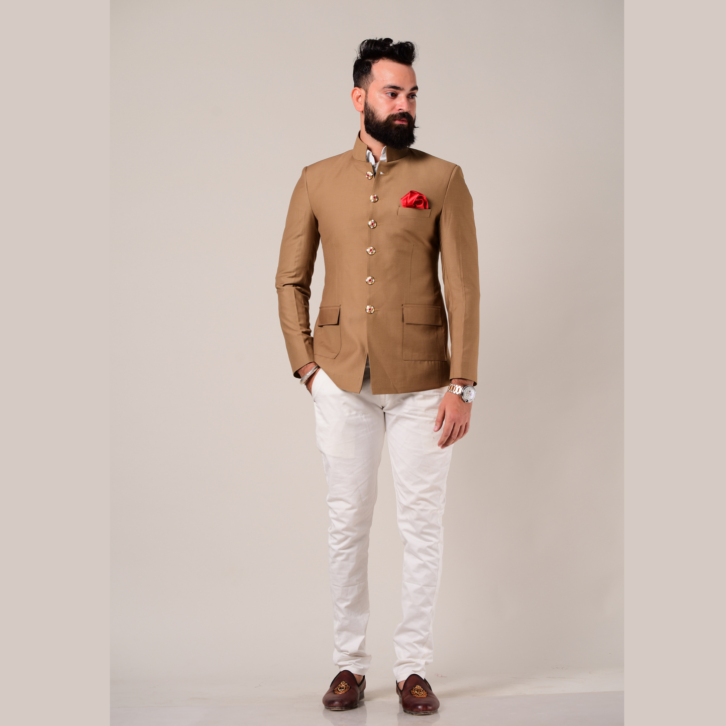 Camel Brown Terry Rayon Jodhpuri Bandhgala With Trouser