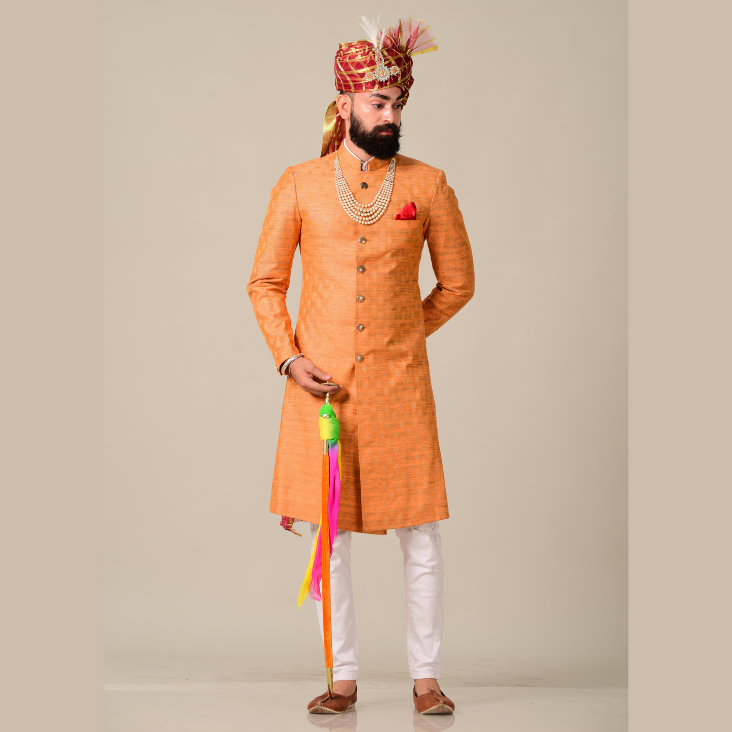 Handmade Royal Orange Brocade Silk Achkan