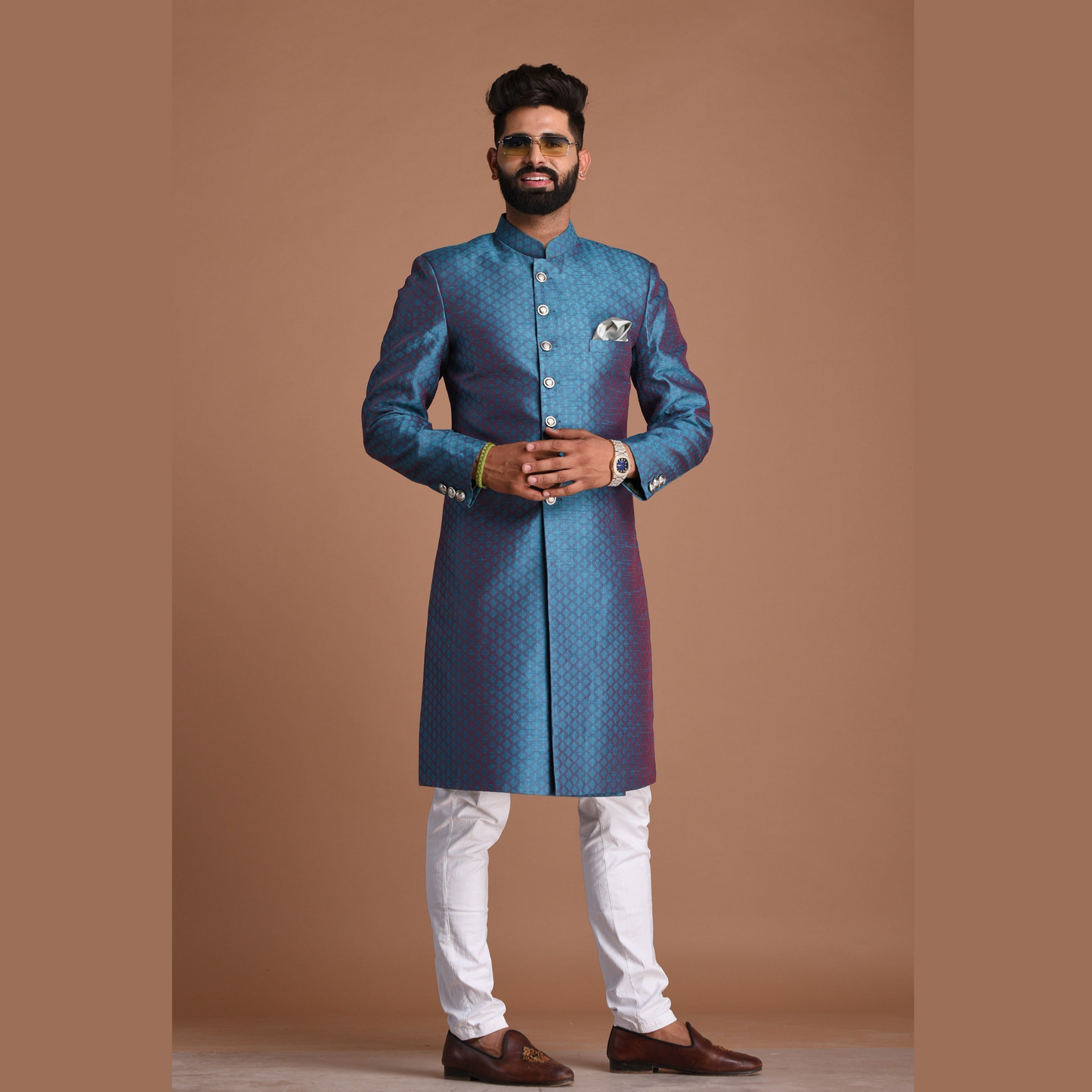 Handmade Royal Blue Leaf Pattern Brocade Silk Sherwani