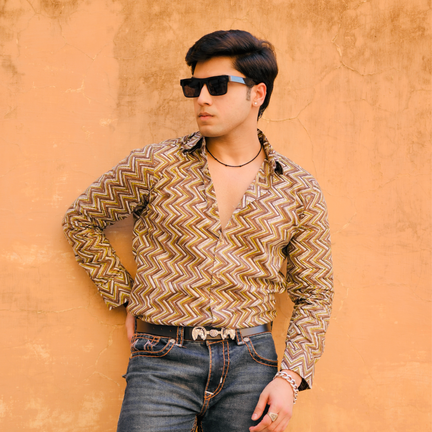 Cedar Brown Sanganeri Zigzag Printed Shirt