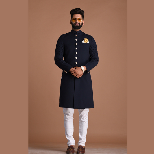 Handmade Navy Blue Maharaja Style Achkan