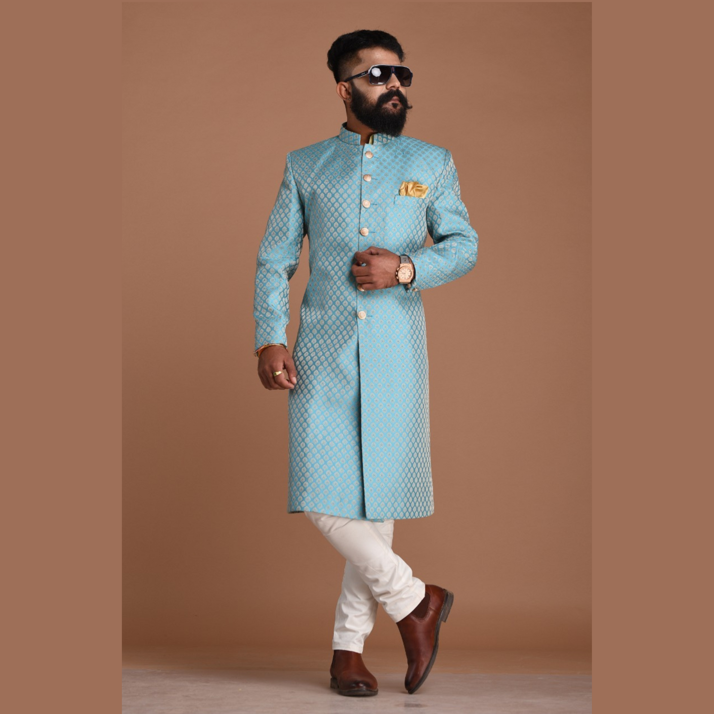 Handmade Royal Cyan Blue Brocade Silk Achkan