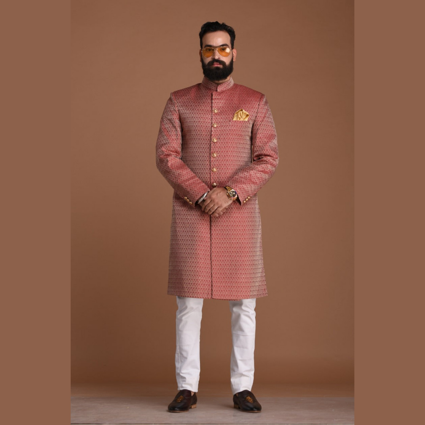 Dark Red Leaf Pattern Handloom Brocade Silk Sherwani