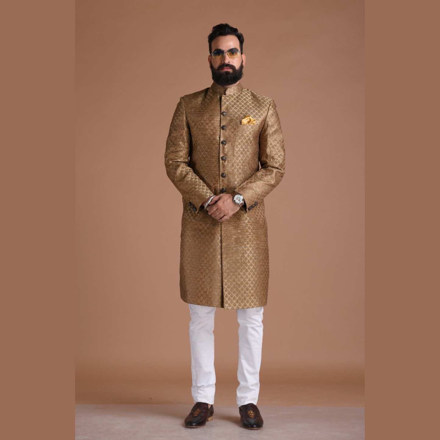Brown Royal Leaf Pattern Brocade Silk Sherwani