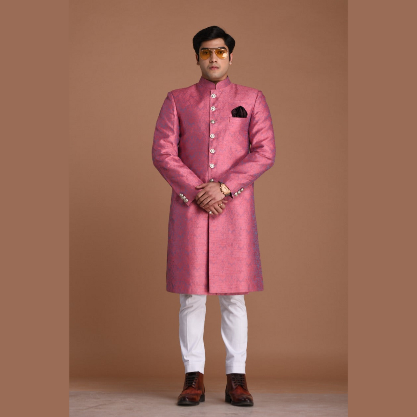 Candy Purple Floral Pattern Brocade Banarasi Silk Sherwani