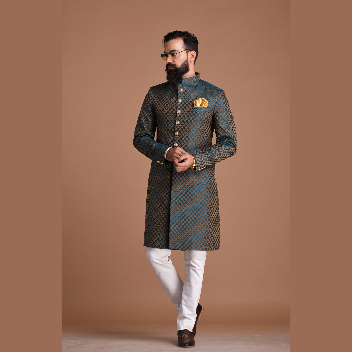 Dark Green Golden Leaf Pattern Embroidered Royal Silk Sherwani