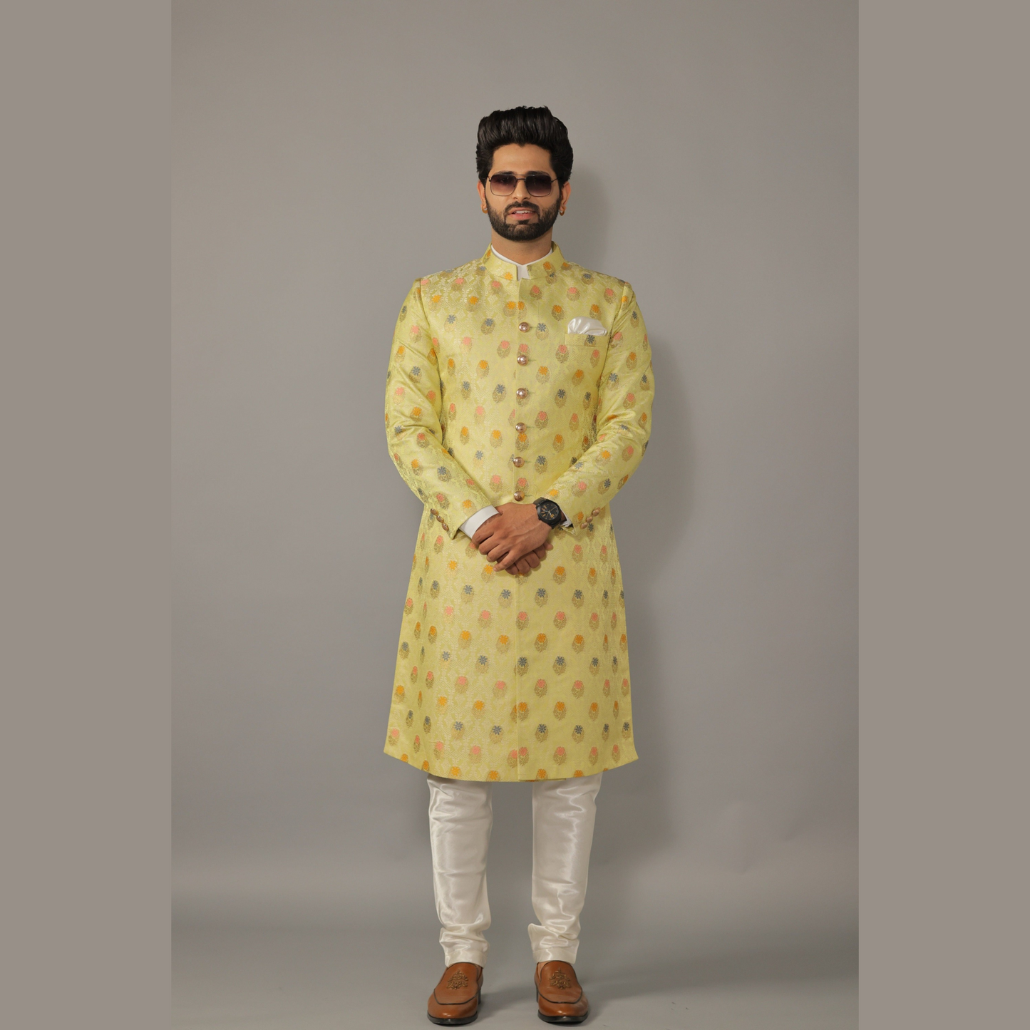 Floral Pattern Banarasi Kim-Khab Lime Green Sherwani Achkan