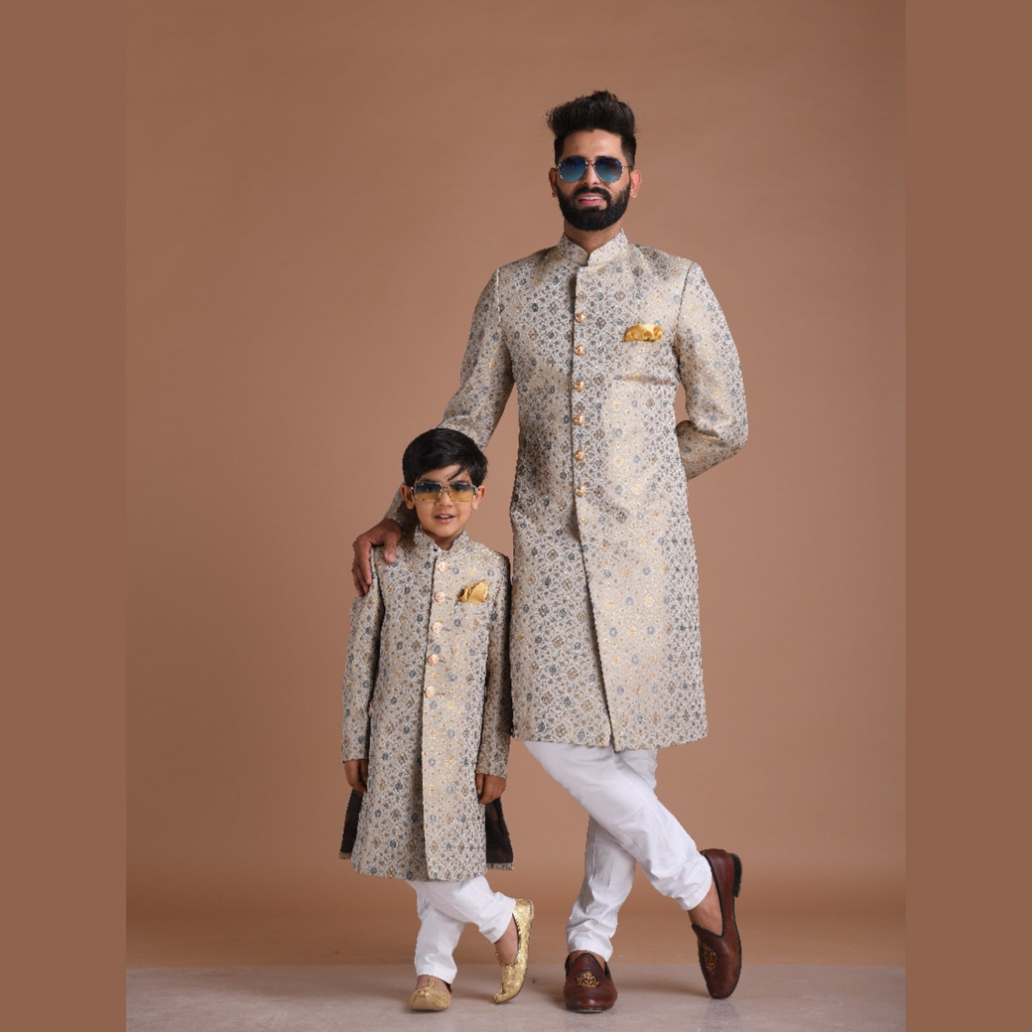 Golden Grey Royal Floral Pattern Banarasi Kim-Khab Sherwani