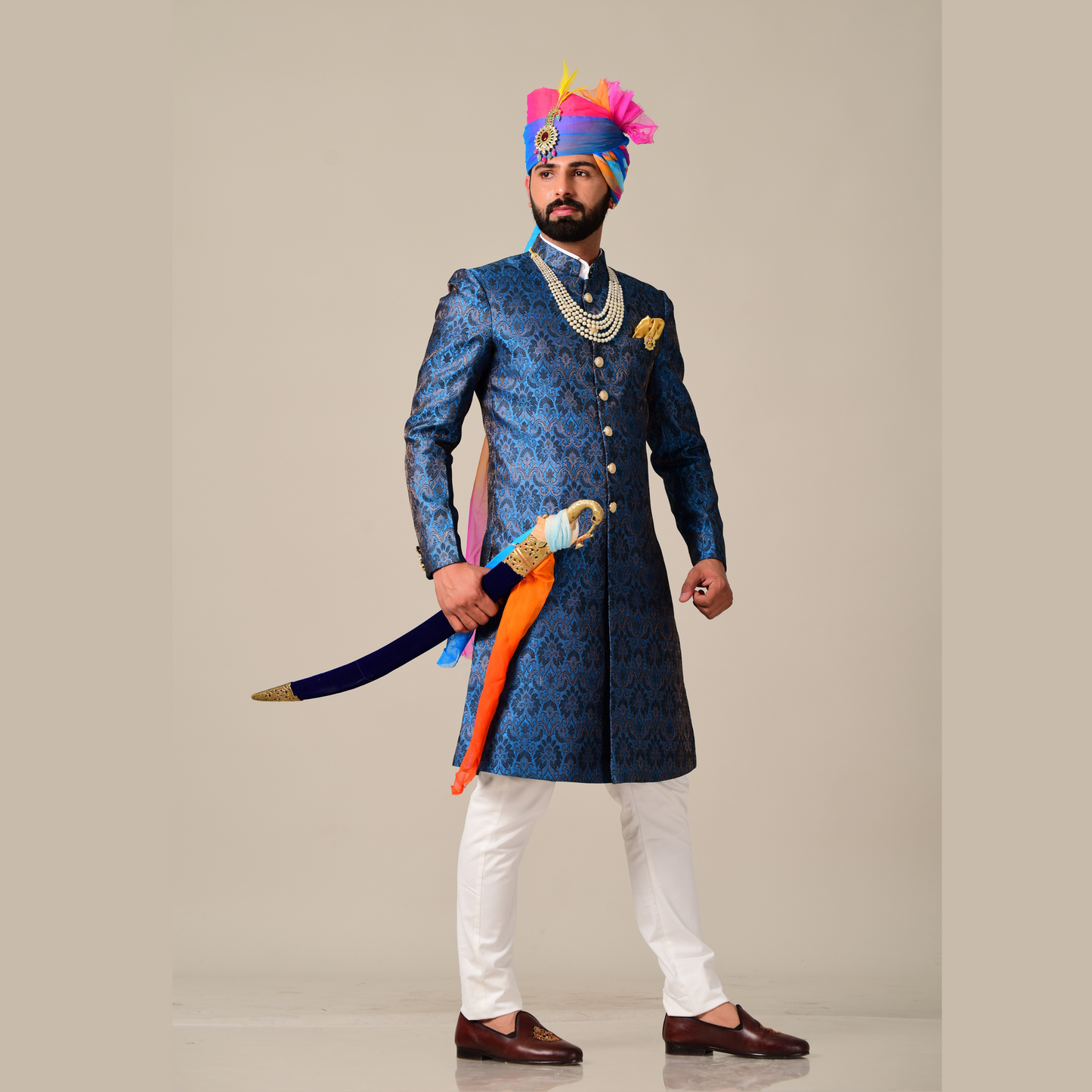 Handmade Cobalt Blue Kim-Khab Brocade Silk Achkan