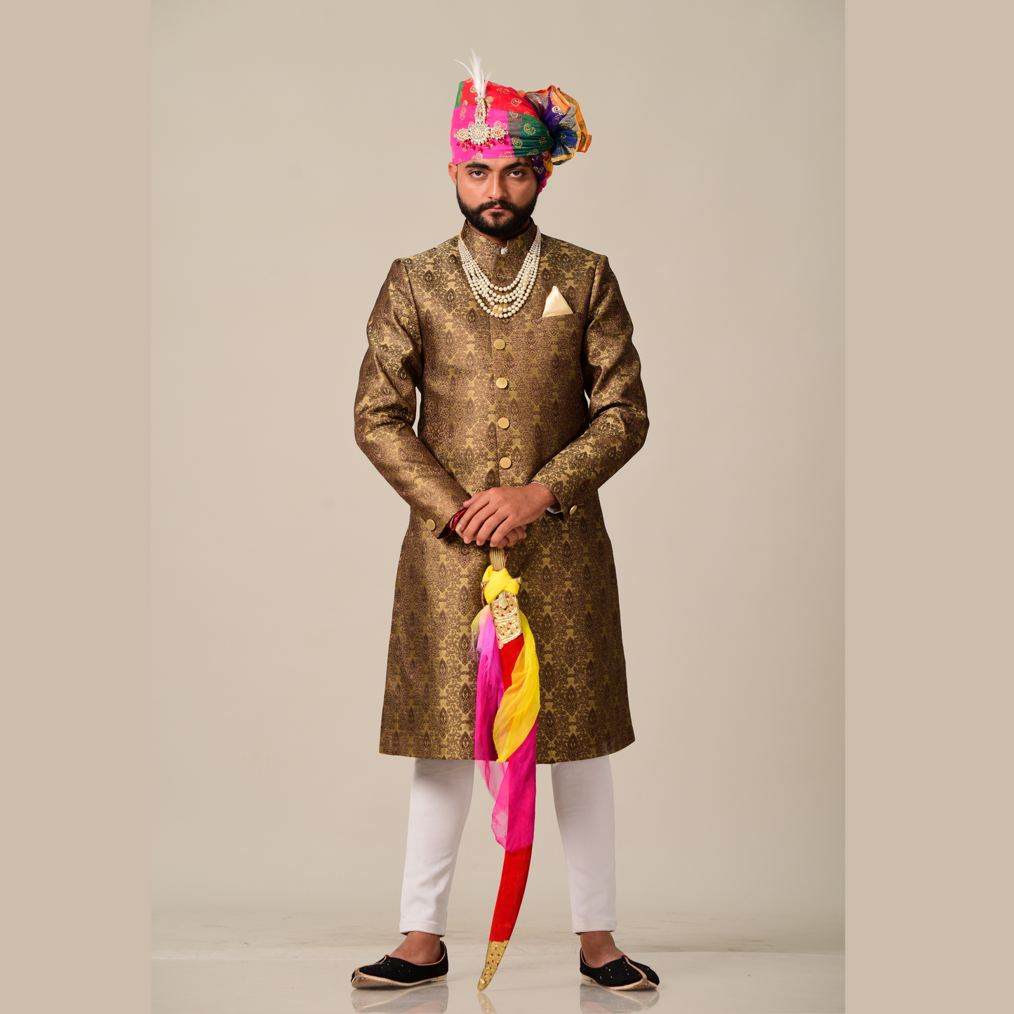 Handmade Royal Golden Brown Brocade Silk Achkan