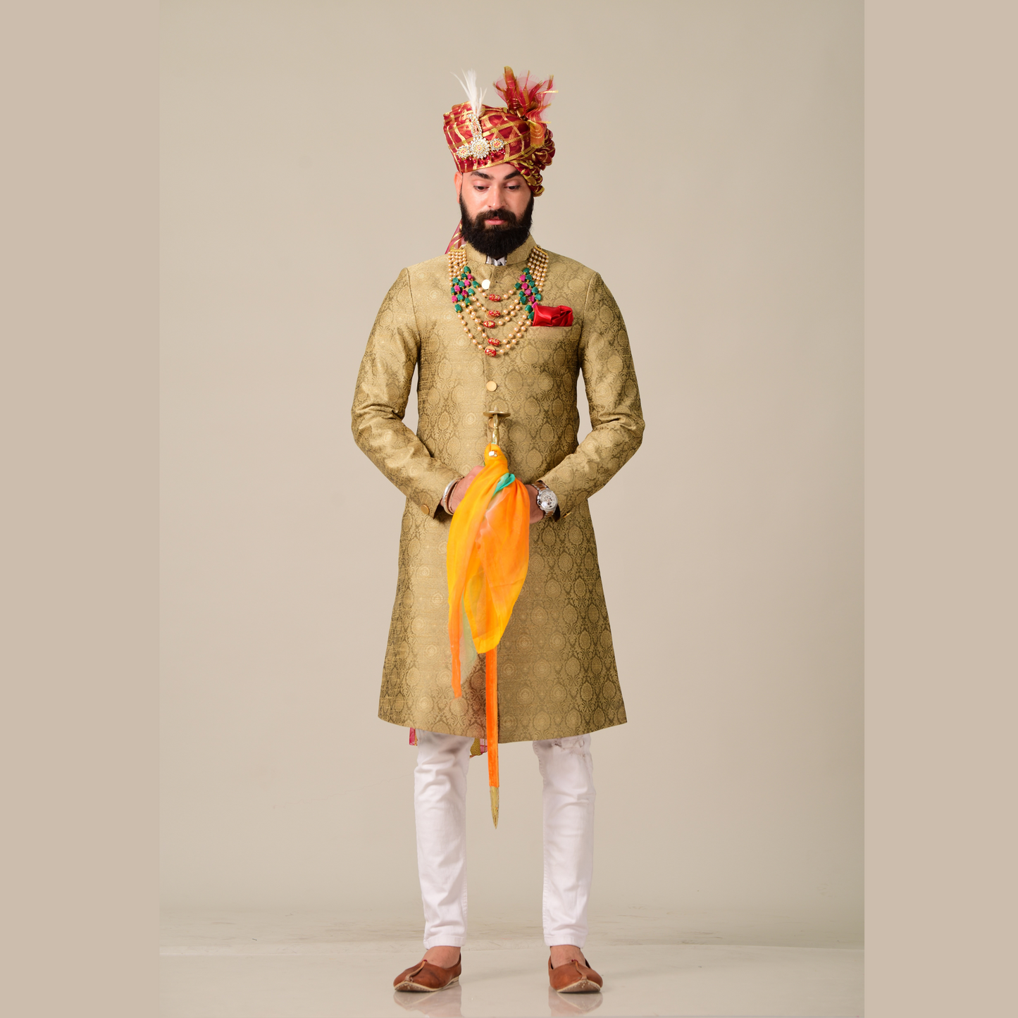 Traditional Pebble Gold Brocade Silk Designer Sherwani
