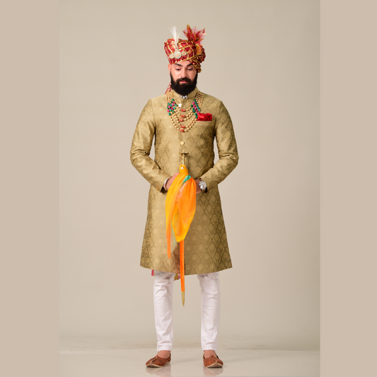 Traditional Pebble Gold Brocade Silk Designer Sherwani
