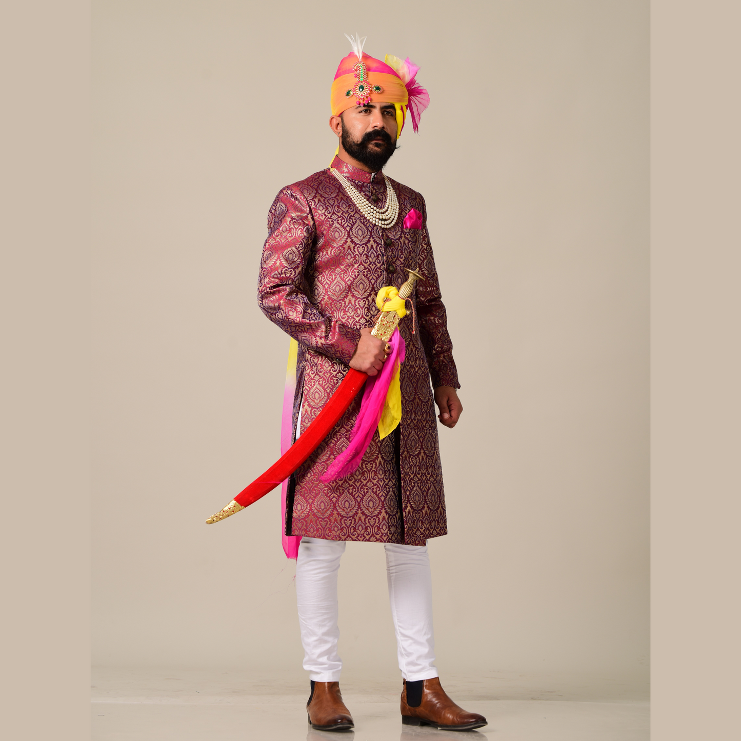 Regal Rosewood Brocade Silk Achkan