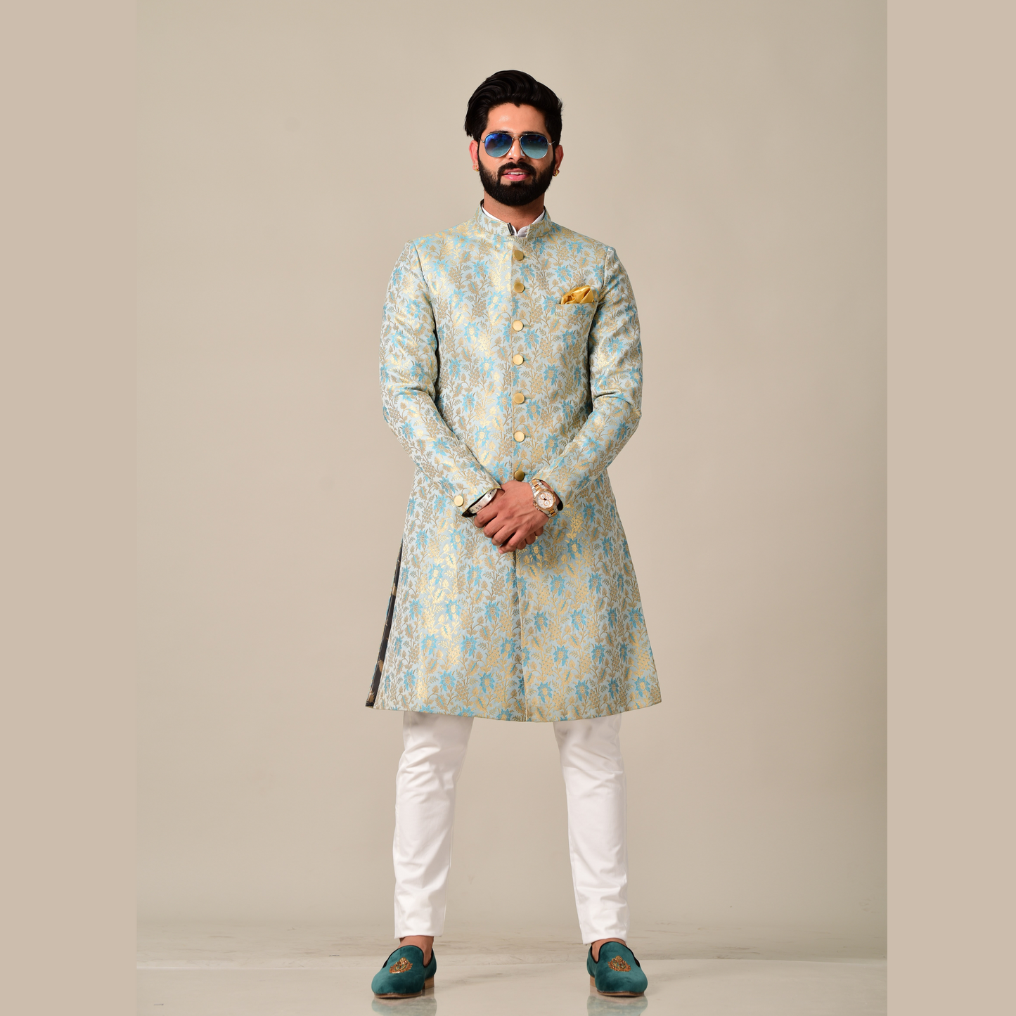 Handmade Sky Blue Gold Maharaja Style Brocade Silk Sherwani