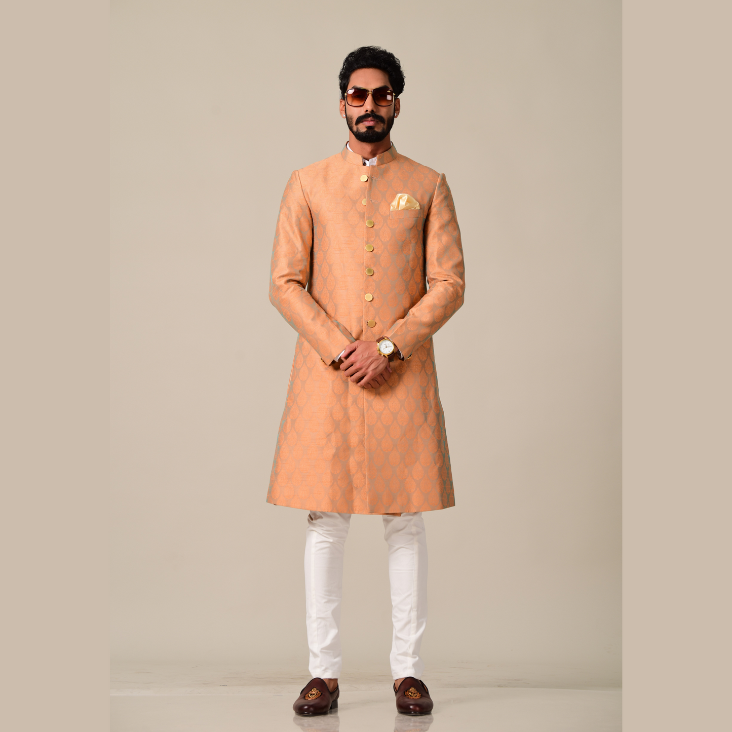 Handmade Booti Pattern Rust Cyan Brocade Silk Sherwani
