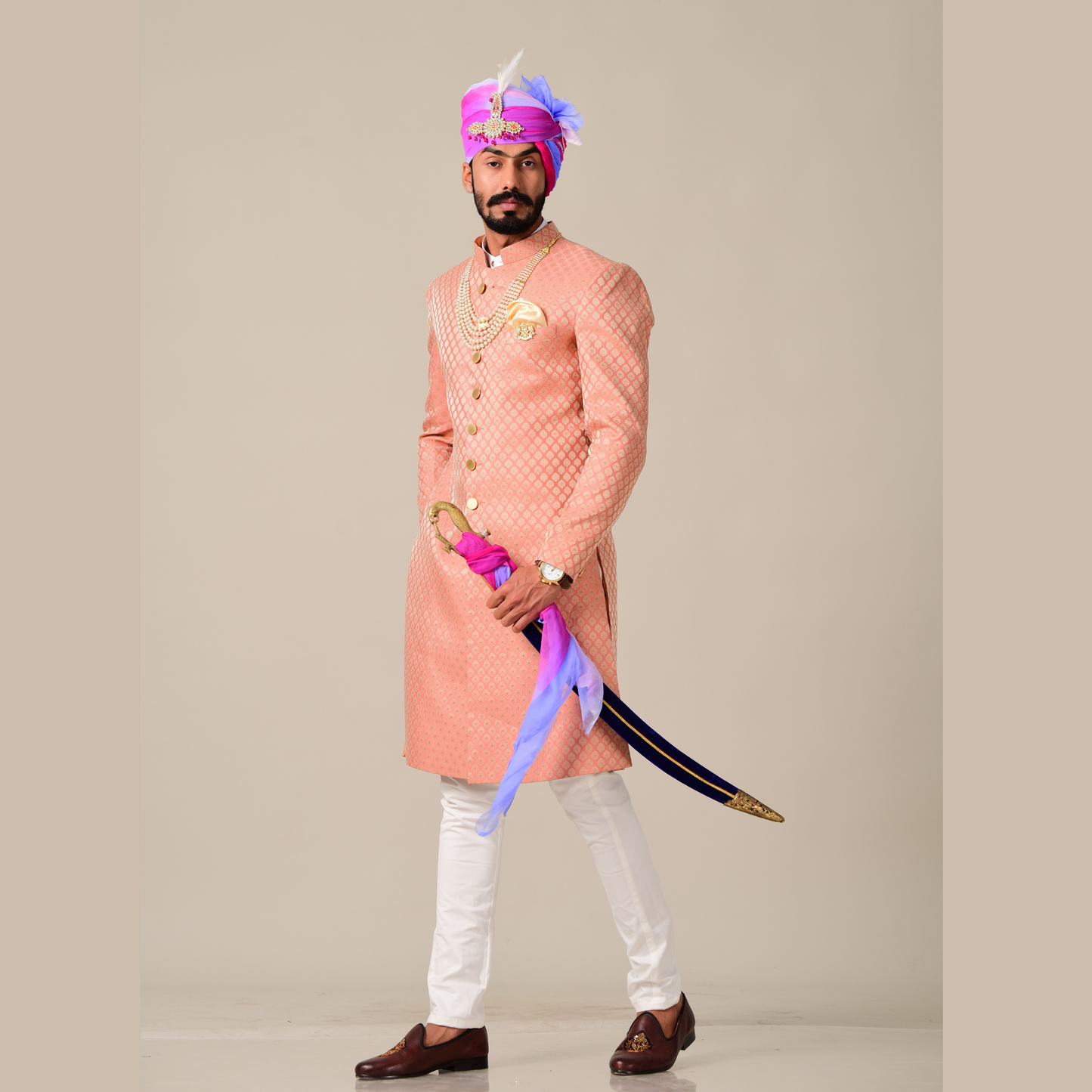 Royal Ballet Pink Brocade Silk Sherwani