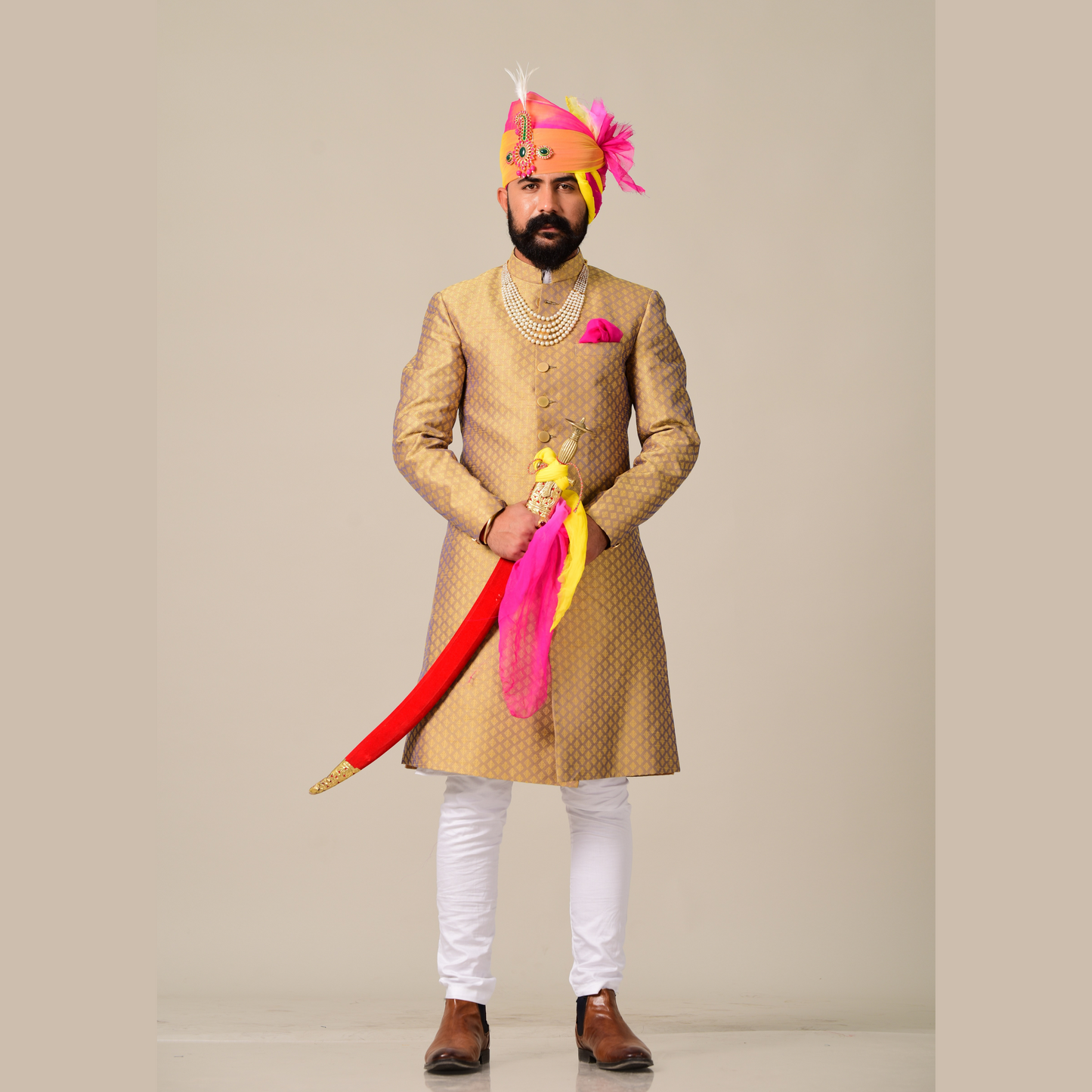 Handmade Golden and violet Brocade Silk Achkan