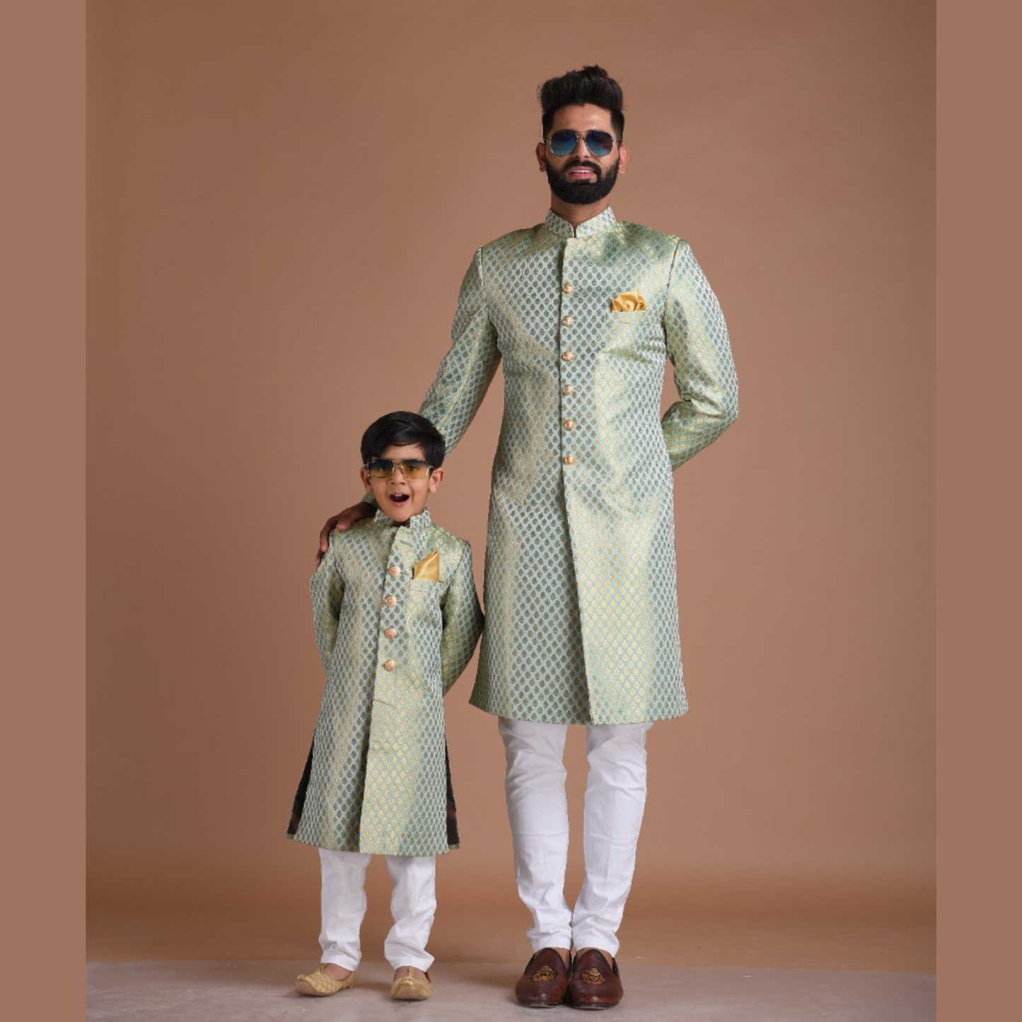 KimKhab Brocade Silk | Vibrant Green and Golden | Royal Achkan
