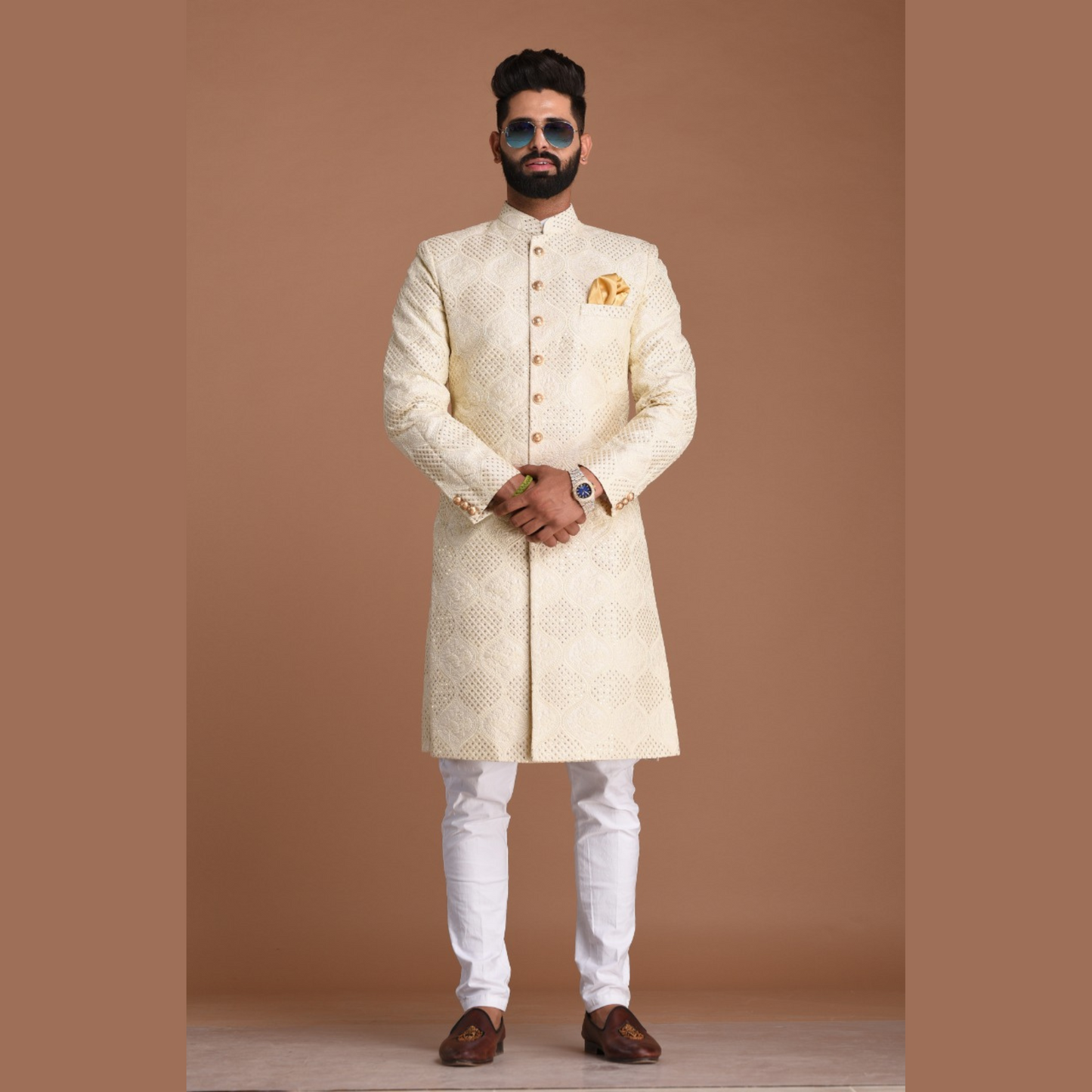 Lucknowi Chikankari With Sequin Work | Pearl White Color | Maharaja Style Sherwani