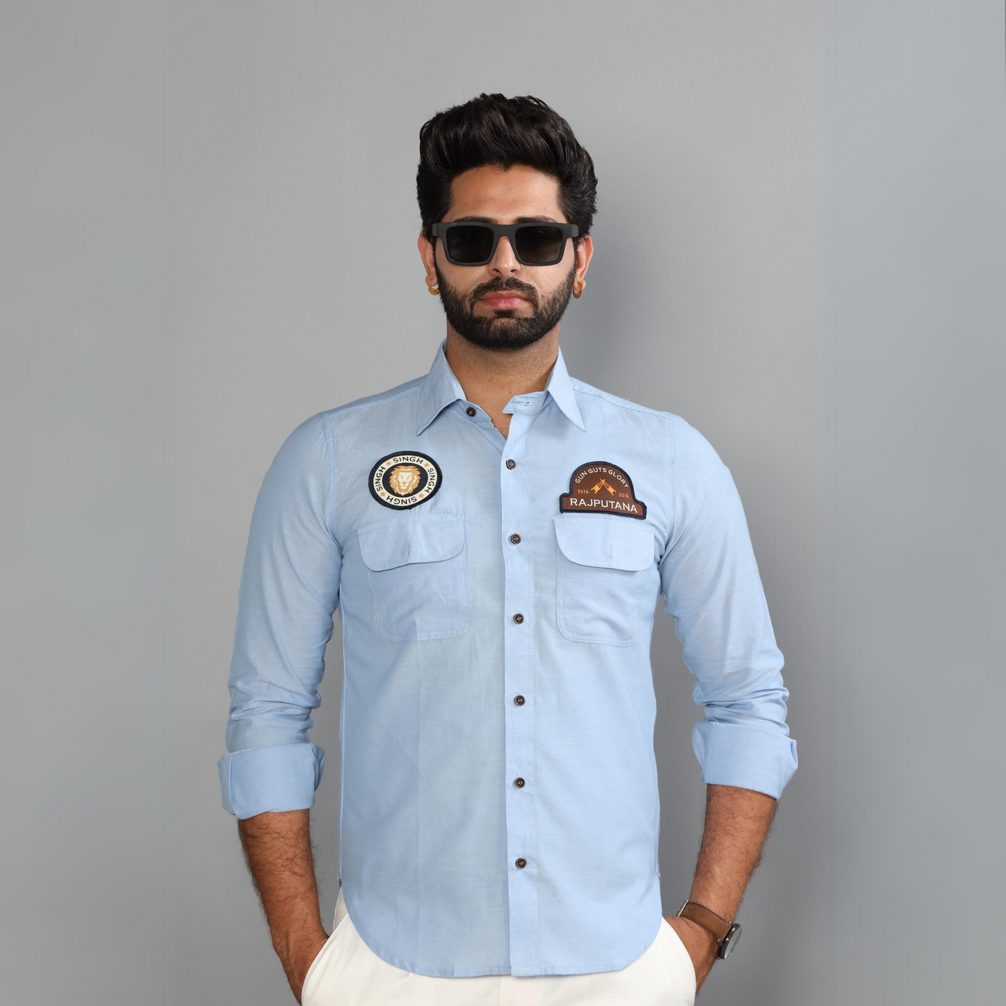 Sky Blue Color Hunting Shirt with Patch