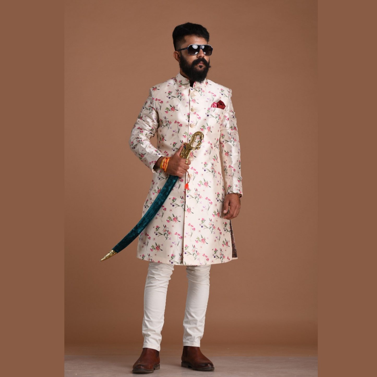 Premium Silk Pearl White Foral Printed Achkan