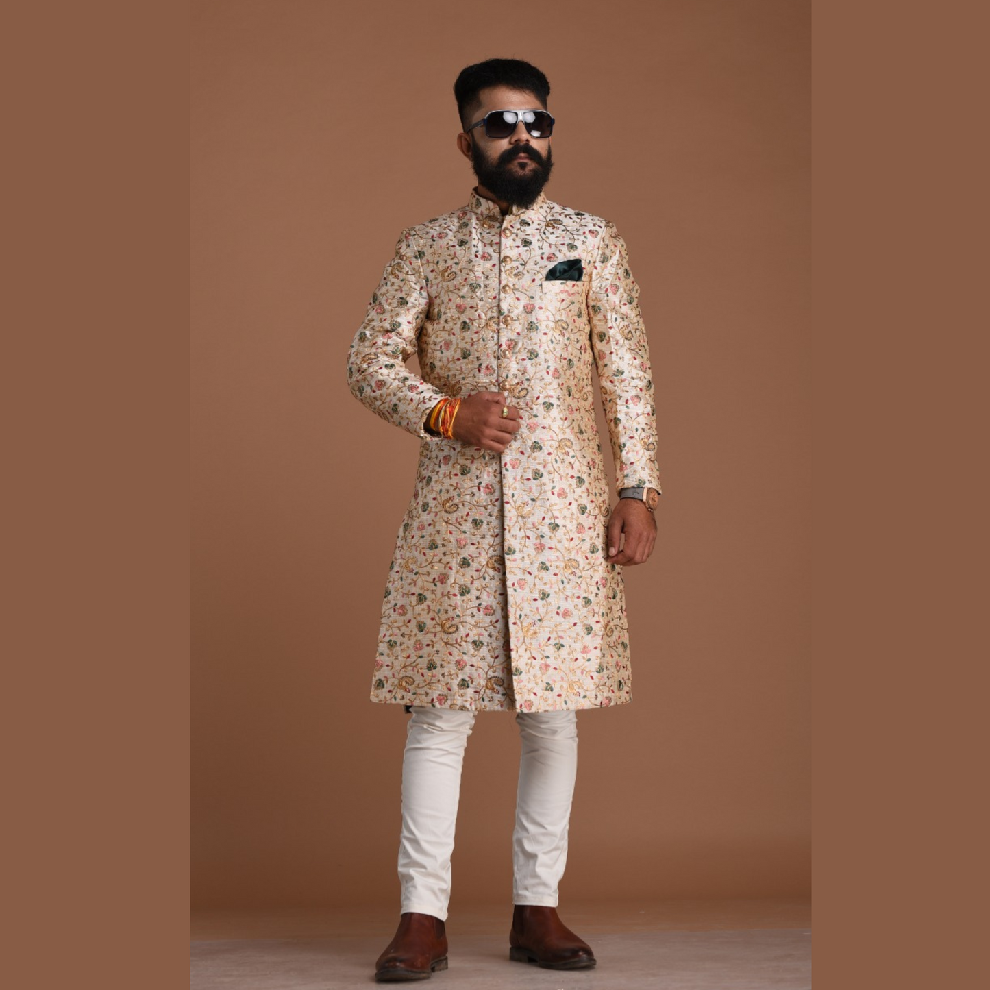 Royal Banarasi Heavy Floral Embroidery Cream Sherwani