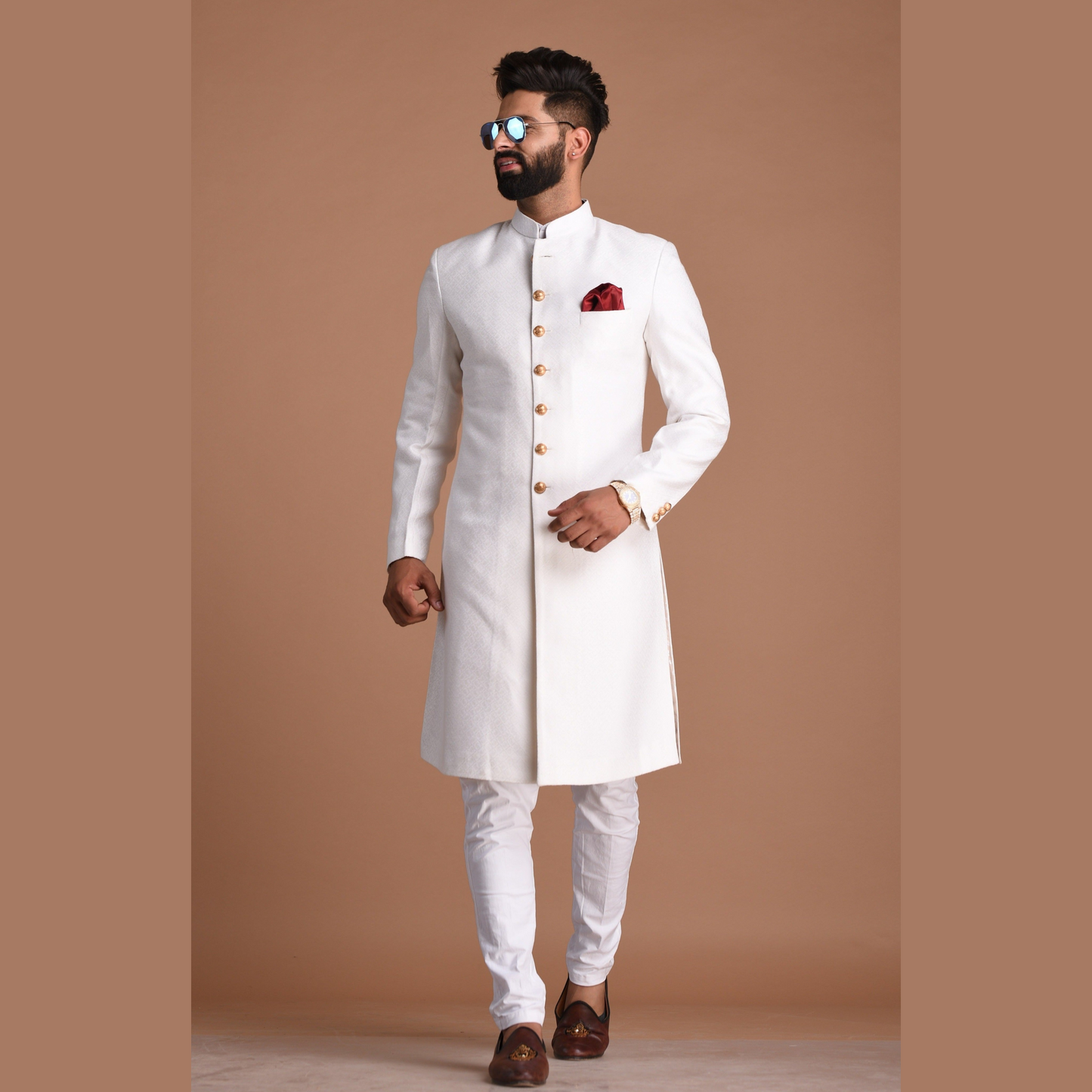 Royal Pearl White Handloom Cotton Jacquard Achkan