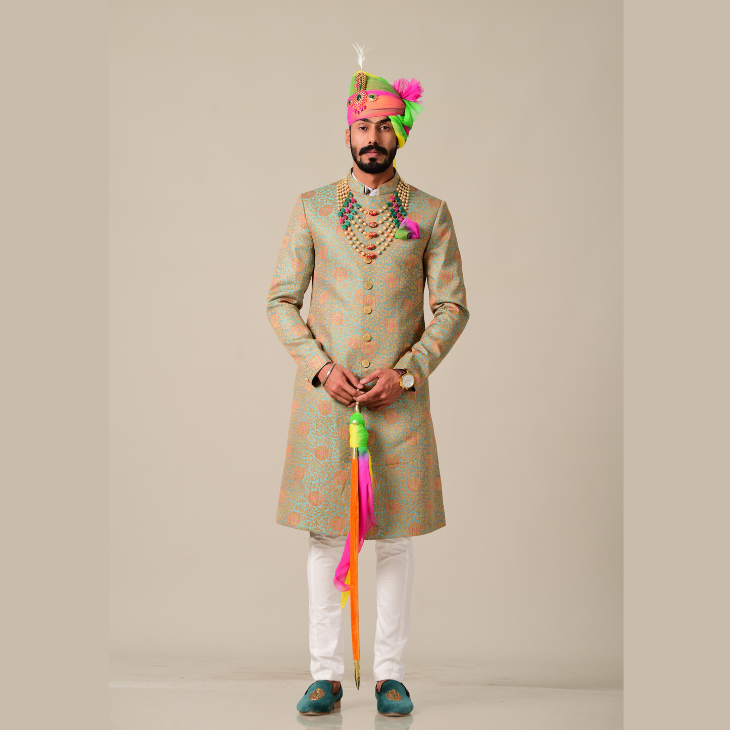 Sage Green and Pink Designer Brocade Achkan