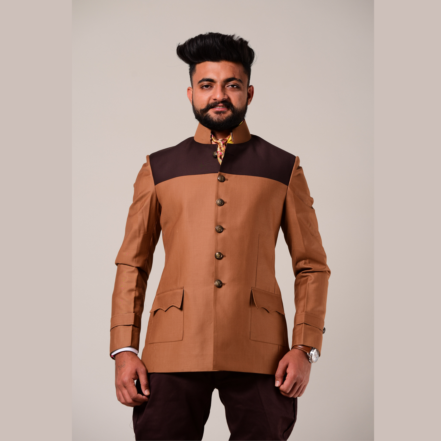 Exclusive Almond Brown Terry Rayon Bandhgala Blazer