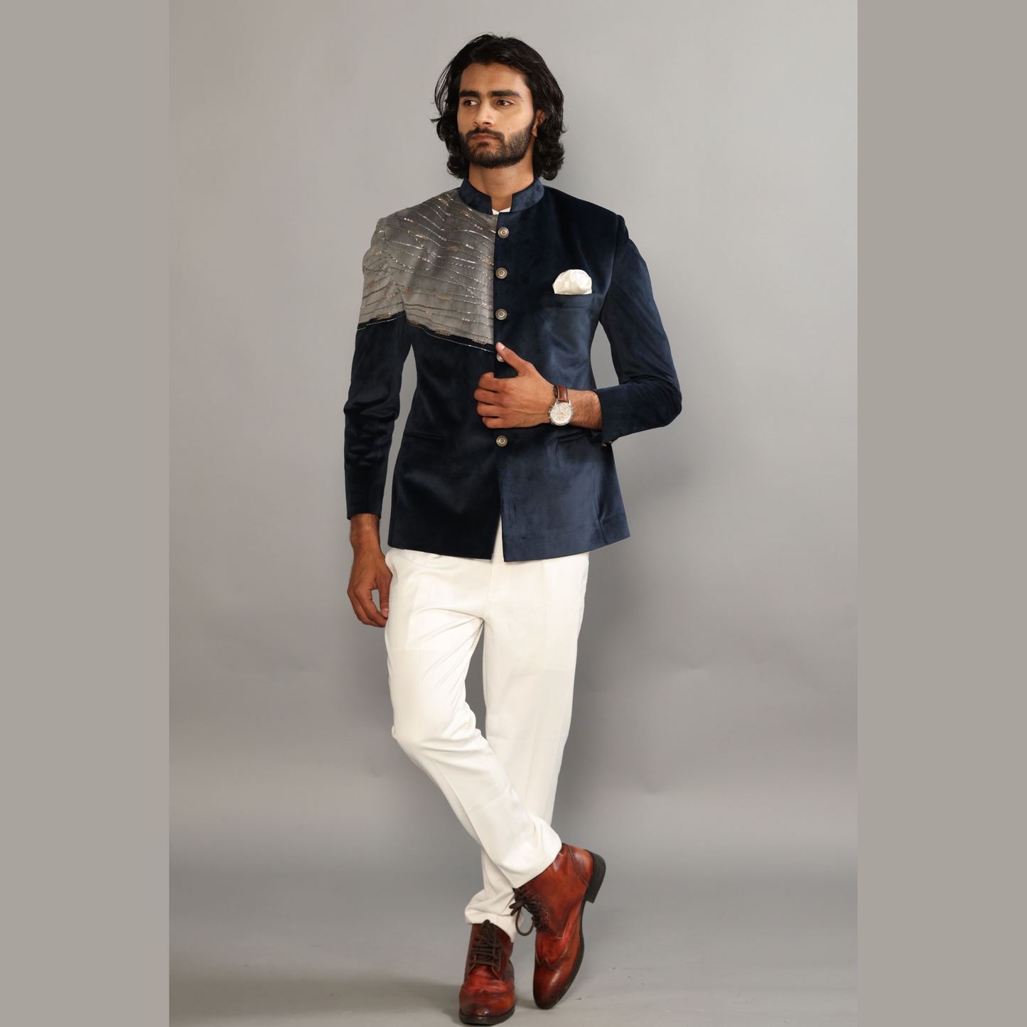 Beautiful Aari Work Royal Navy-Grey Bandhgala in Silky Smooth Velvet Fabric
