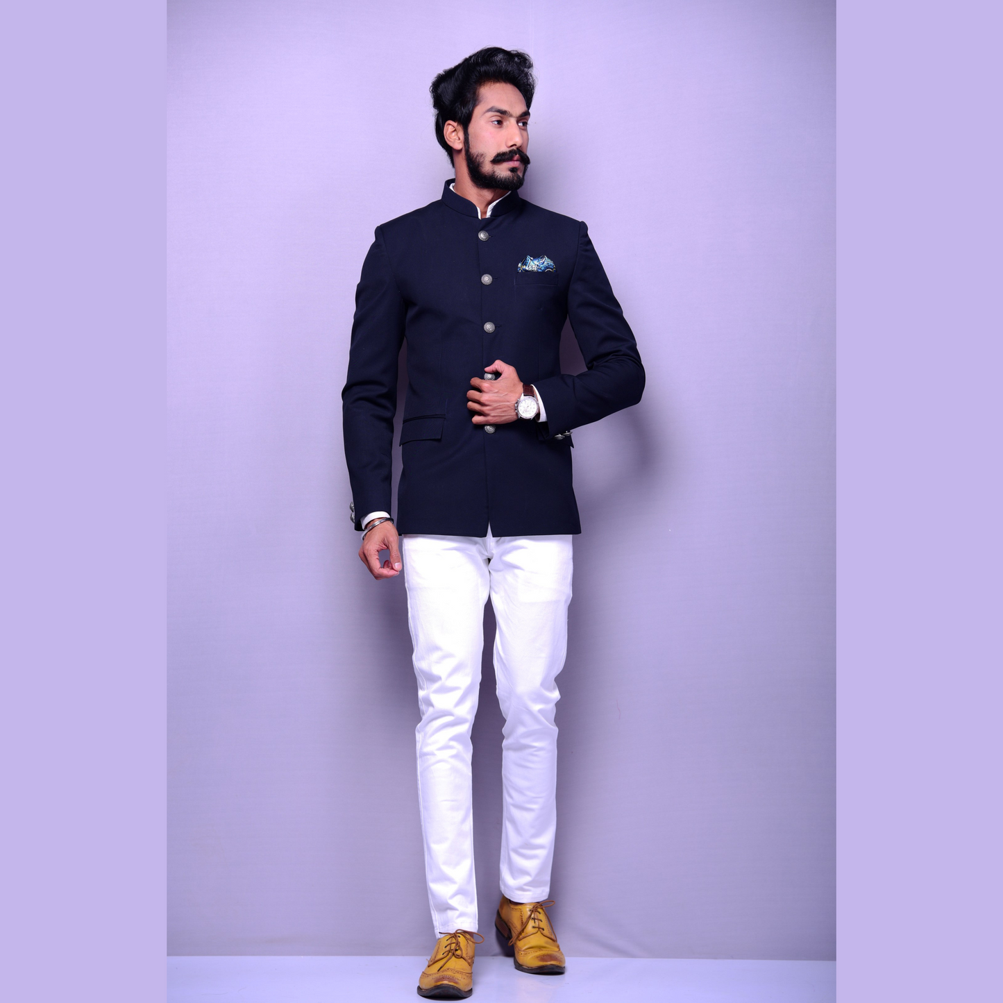 Bespoke Handmade Navy Blue Jodhpuri Bandgala Blazer with White Trouser