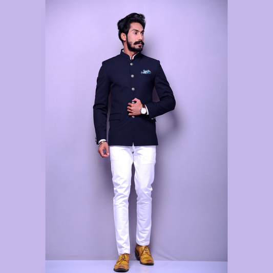 Bespoke Handmade Navy Blue Jodhpuri Bandgala Blazer with White Trouser