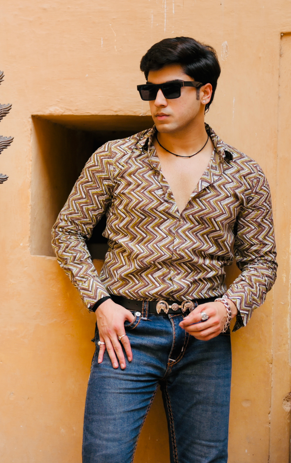 Cedar Brown Sanganeri Zigzag Printed Shirt