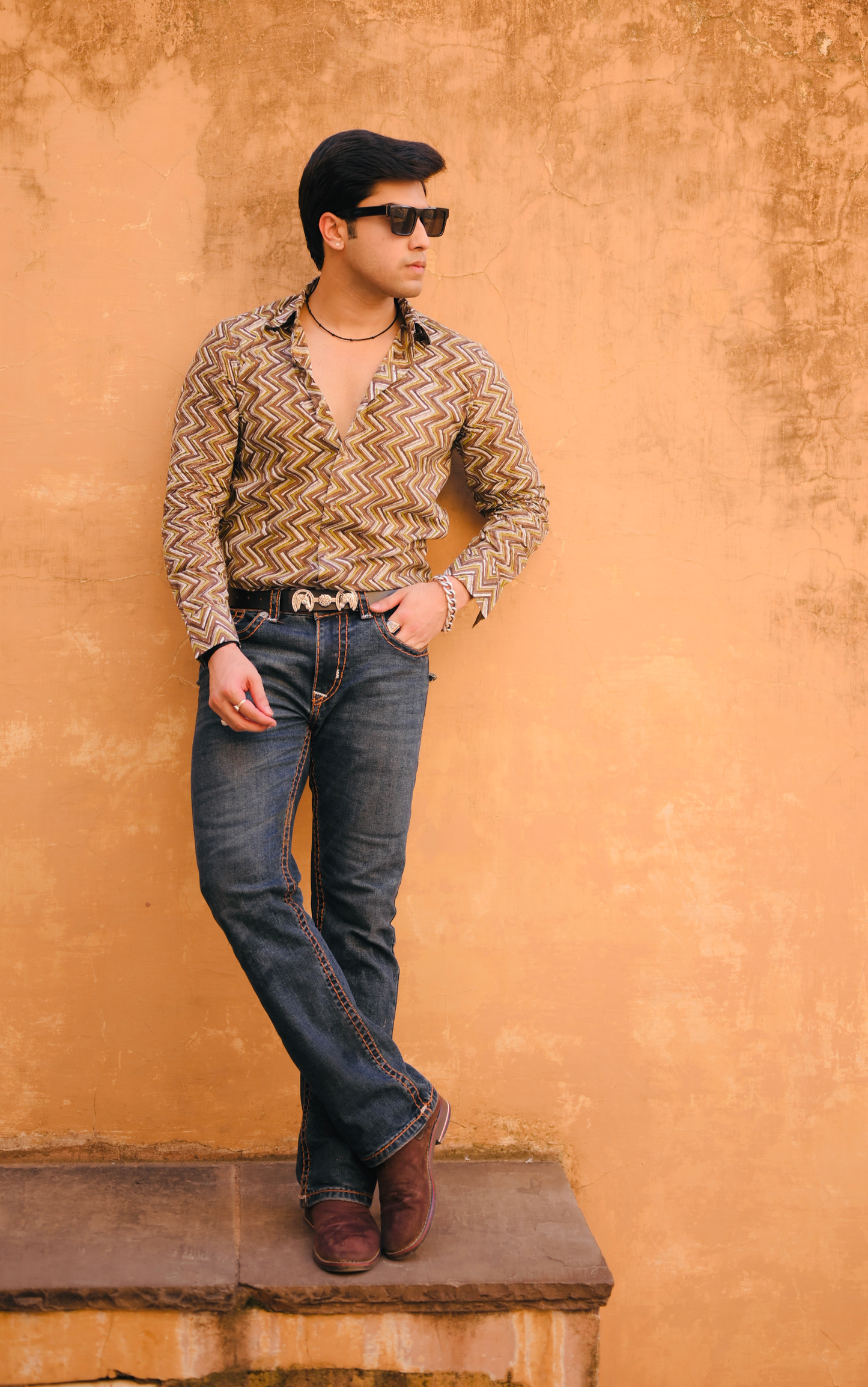 Cedar Brown Sanganeri Zigzag Printed Shirt