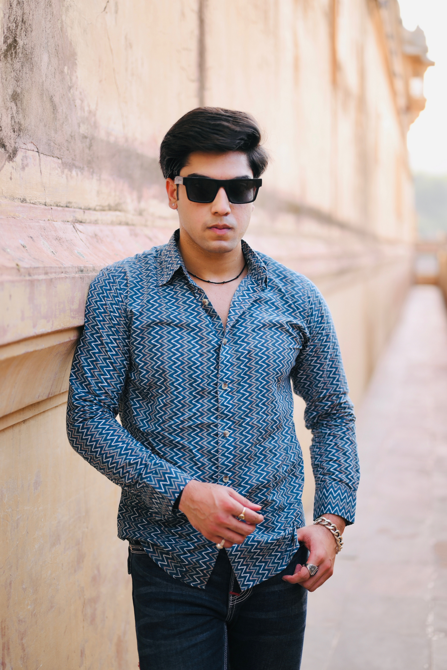 Sanganeri Printed Steel Blue Color Cotton Shirt