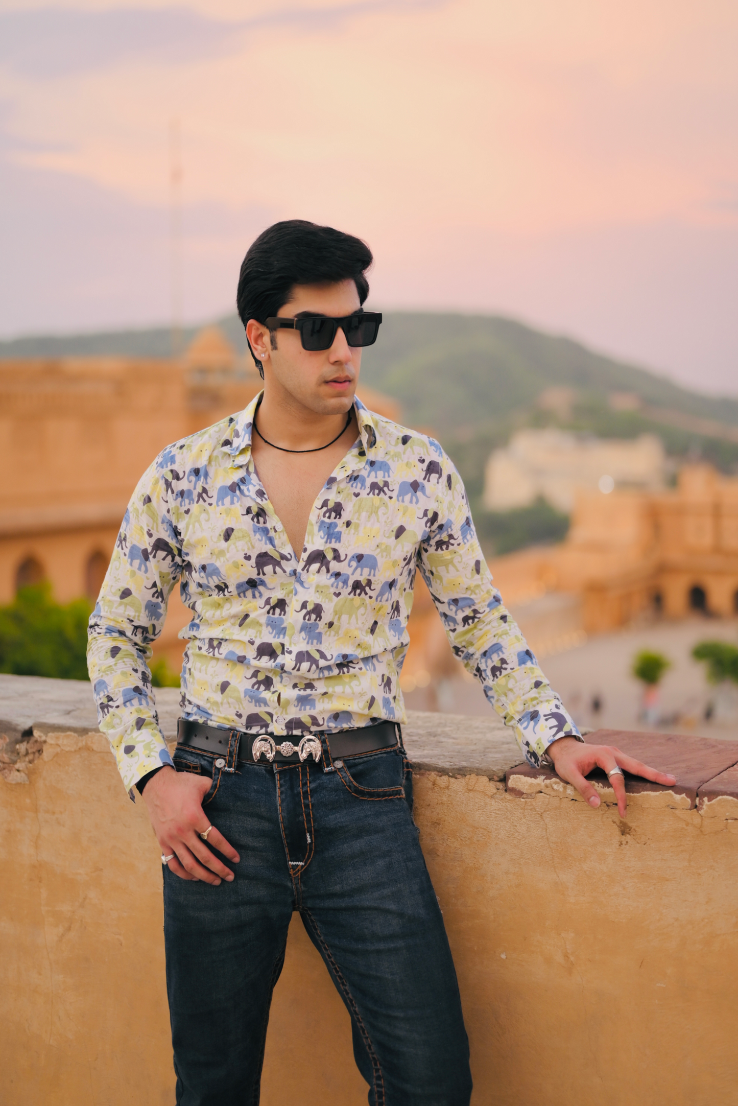 Sanganeri Elephant Printed Antique White Shirt