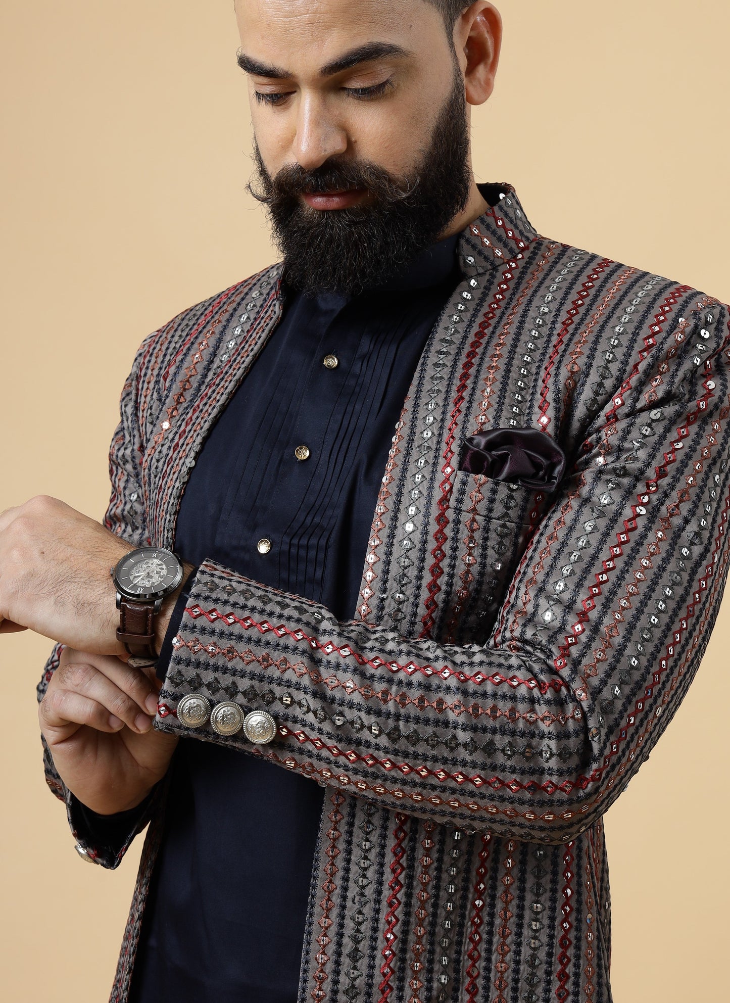 Stunning Mirror Embroidered Grey Open Sherwani with Navy Blue Kurta Pajama for Men | Father Son Combo | Navy Blue Color |Grey Sherwani | Perfect for Grooms