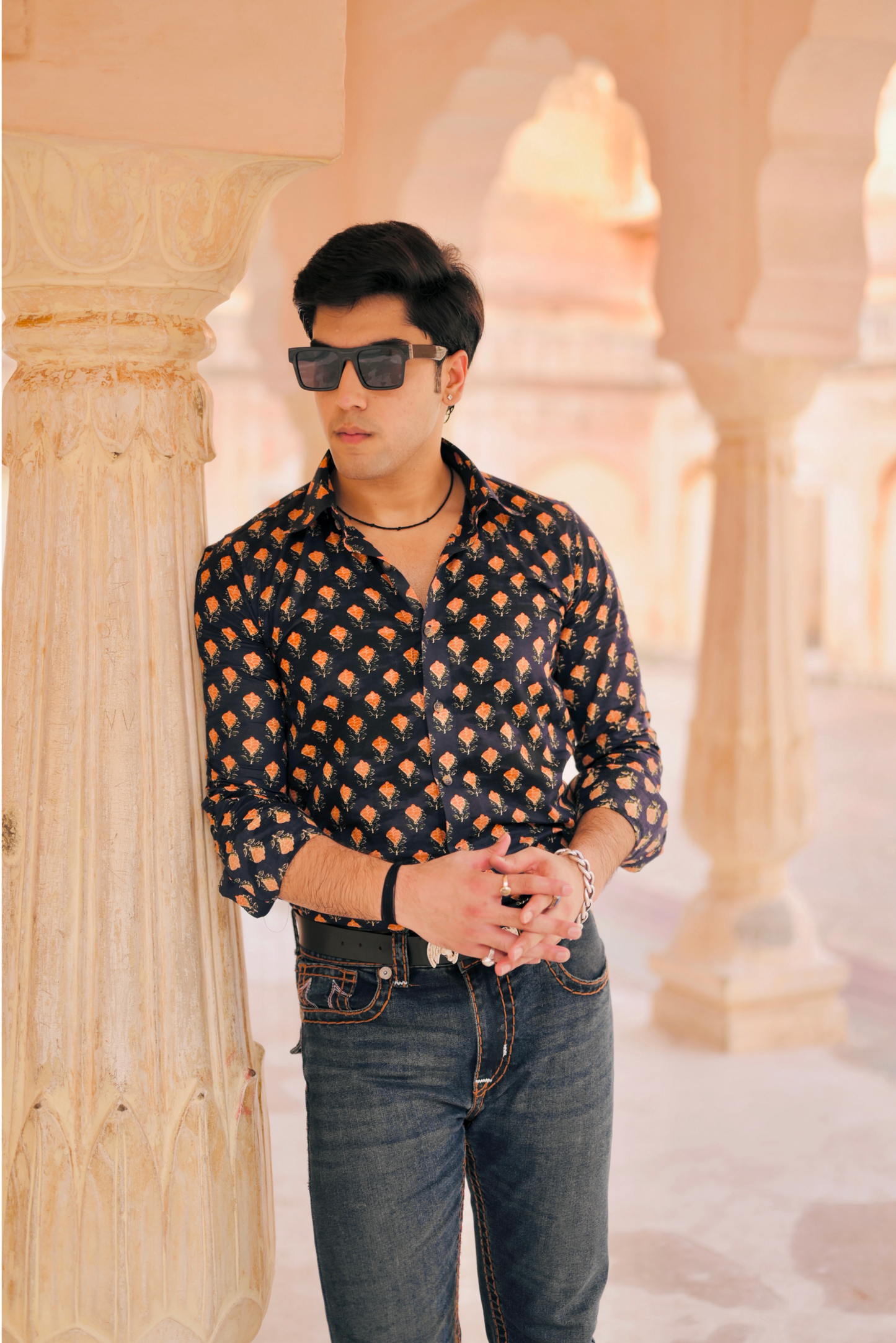 Navy Blue With Red Booti Sanganeri Cotton Shirt