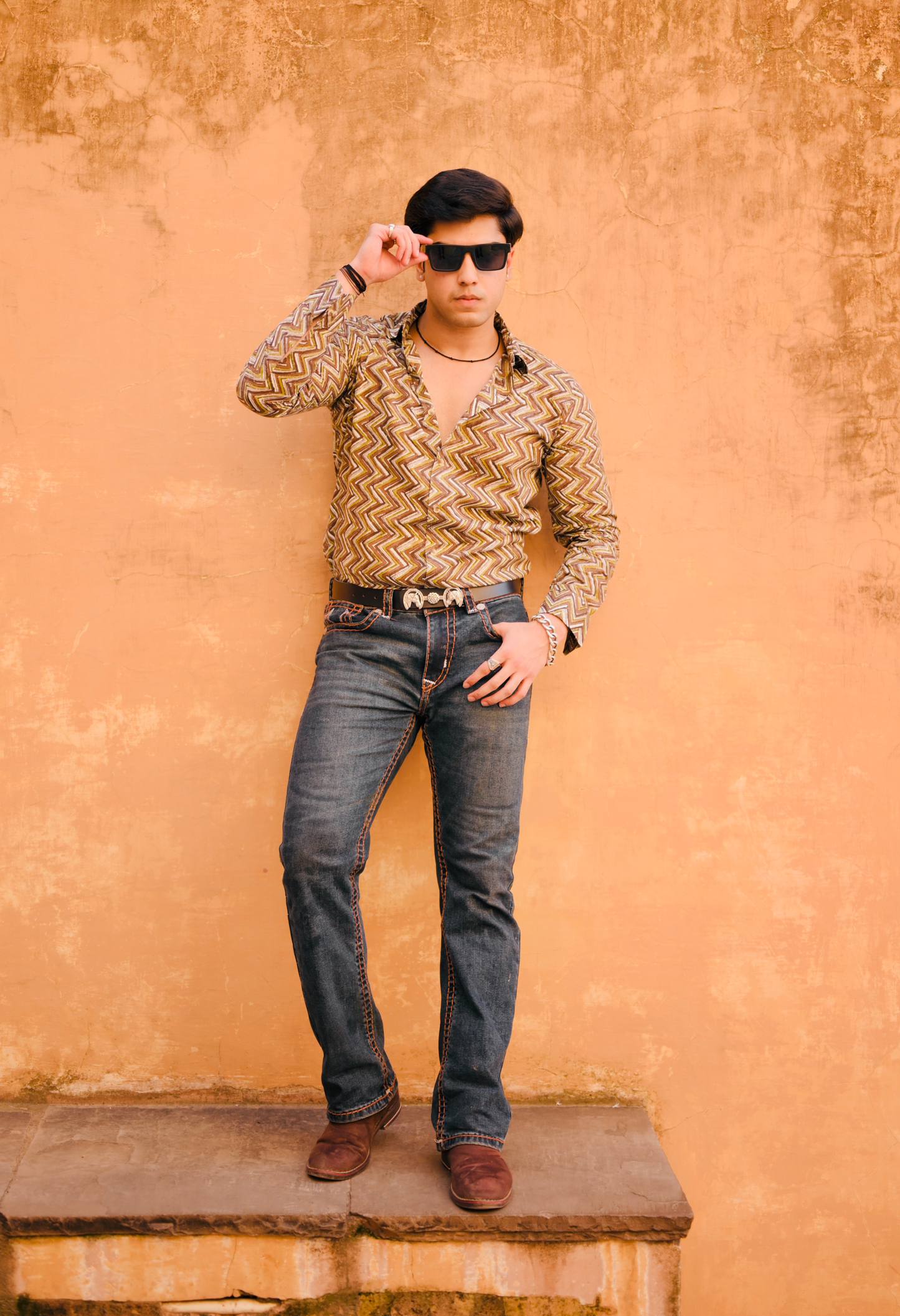 Cedar Brown Sanganeri Zigzag Printed Shirt