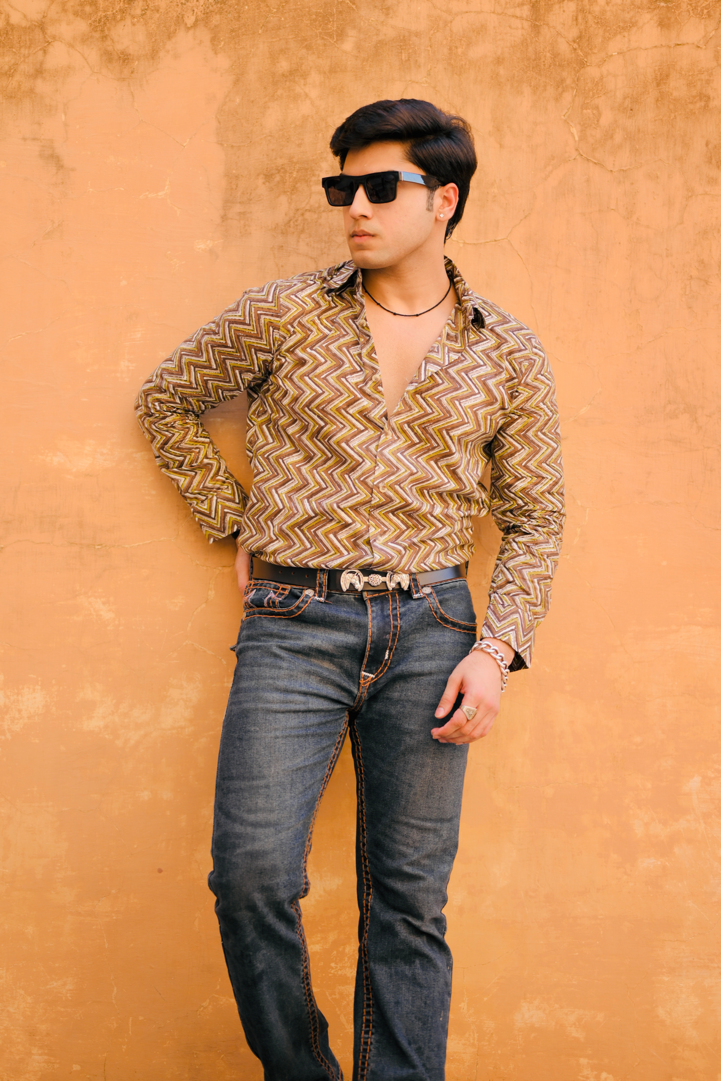 Cedar Brown Sanganeri Zigzag Printed Shirt