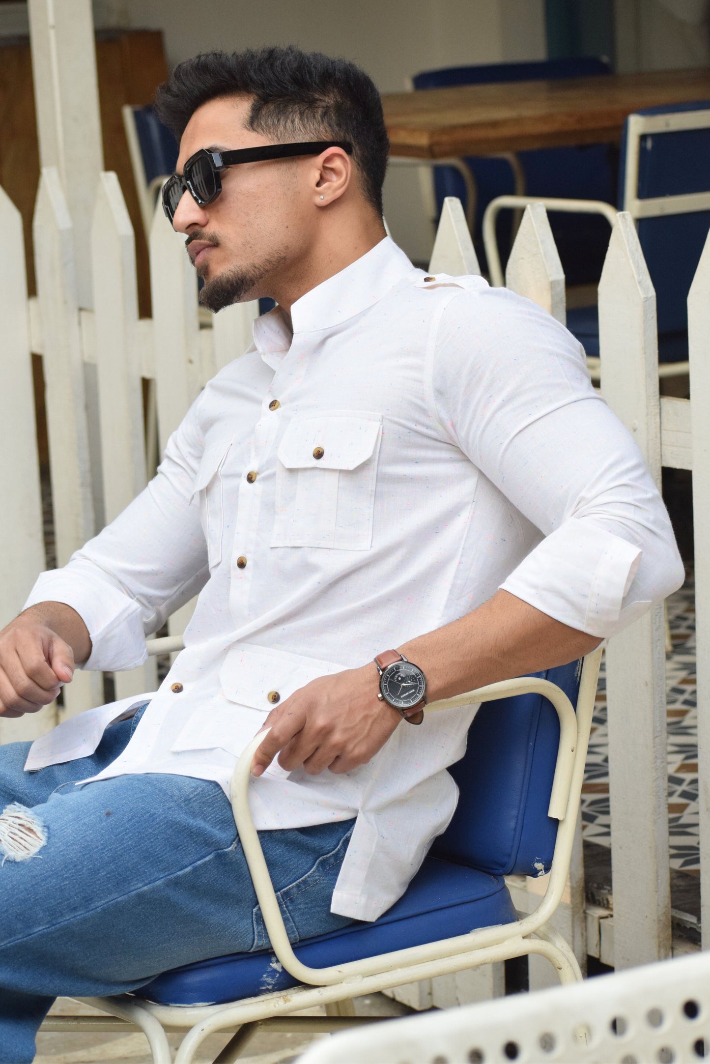 White Cotton Hunting Style Shirt with Multicolor Dots
