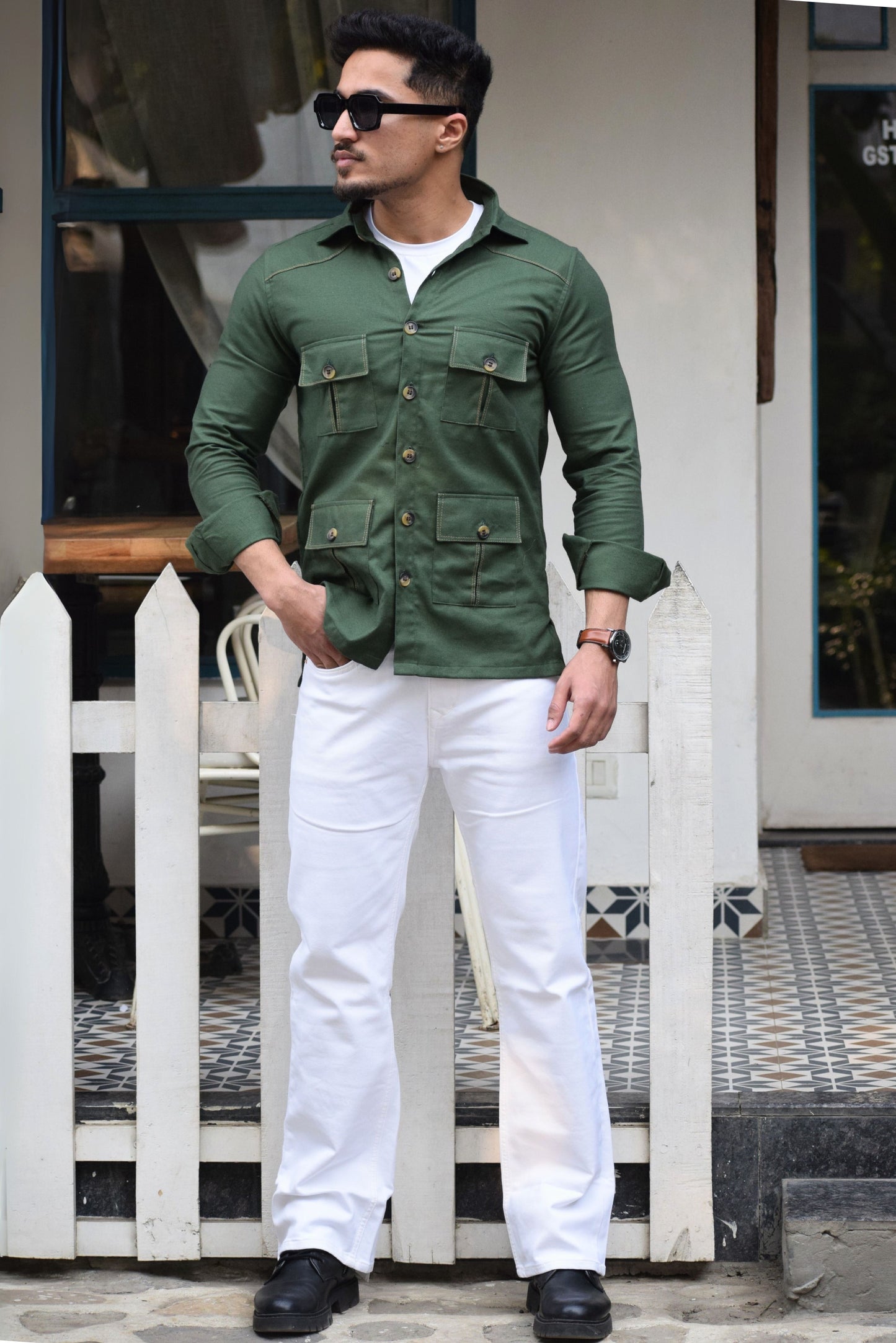 Hunter-Green Cotton Twill Hunting Style Shirt