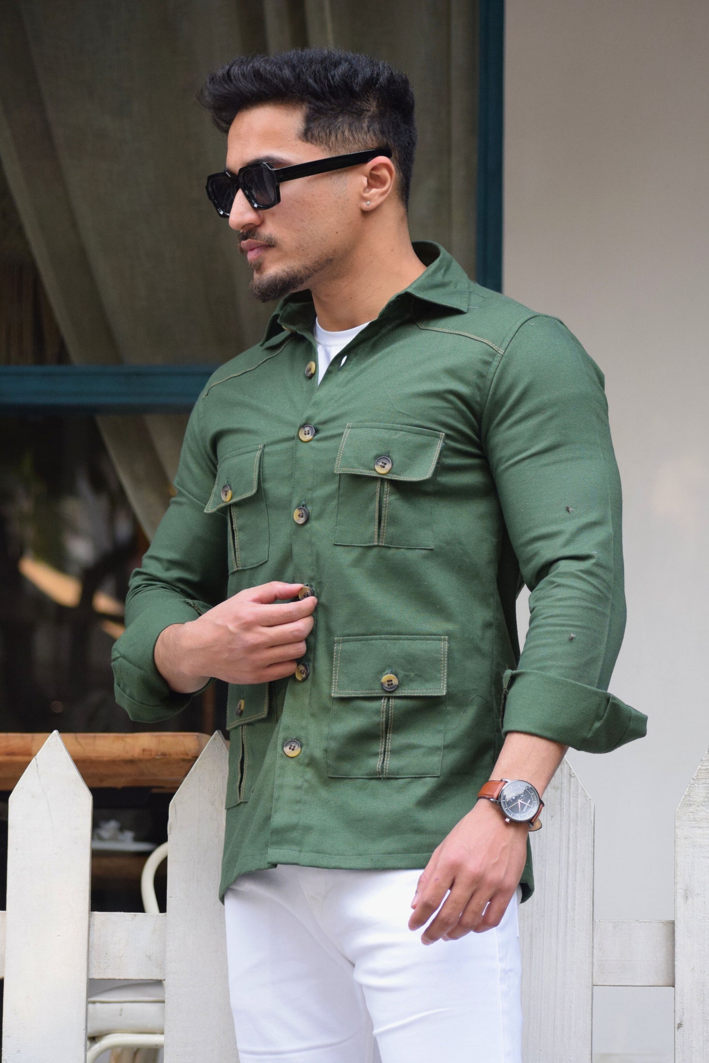 Hunter-Green Cotton Twill Hunting Style Shirt