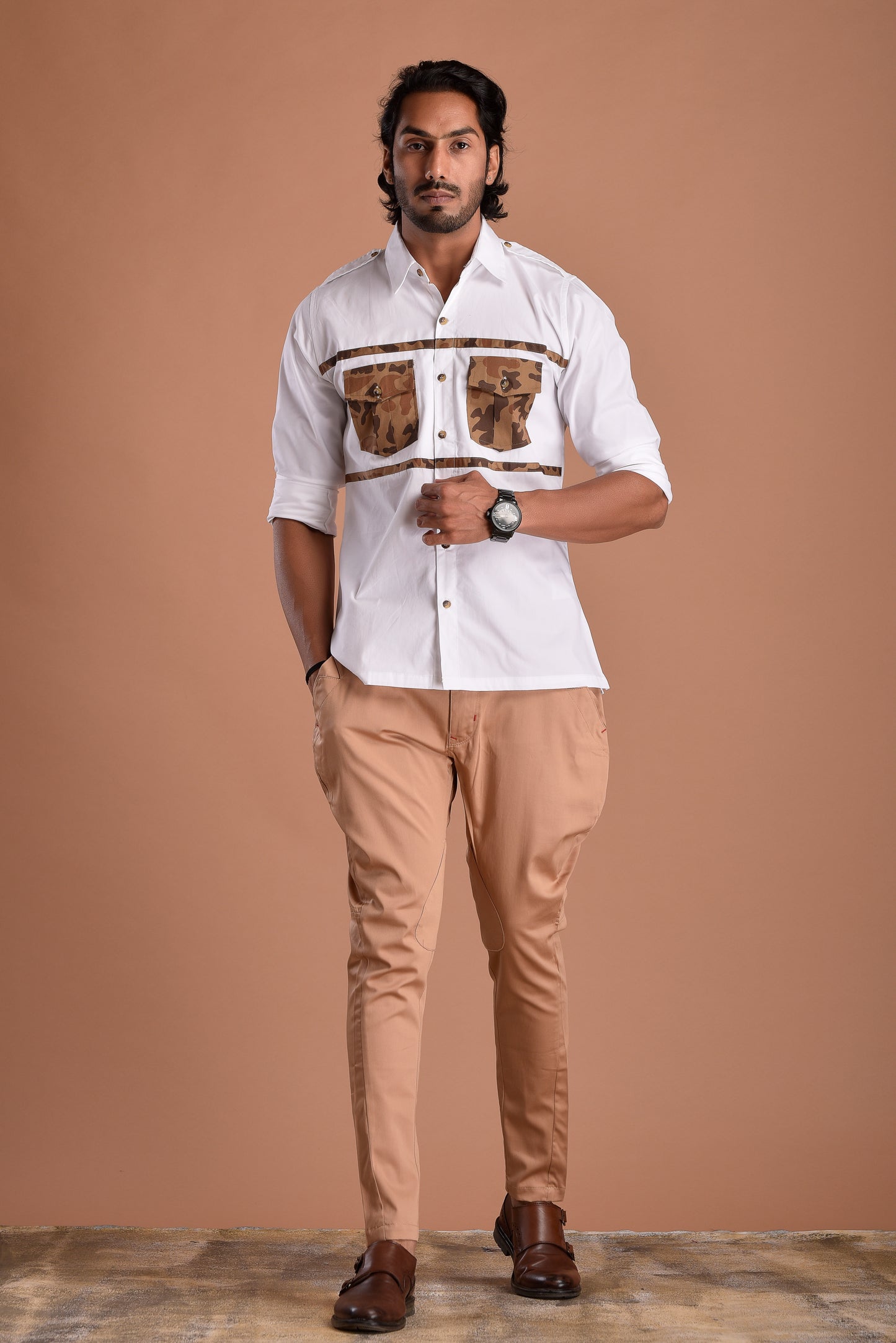 Classic White Hunting Style Shirt with Camouflage pockets